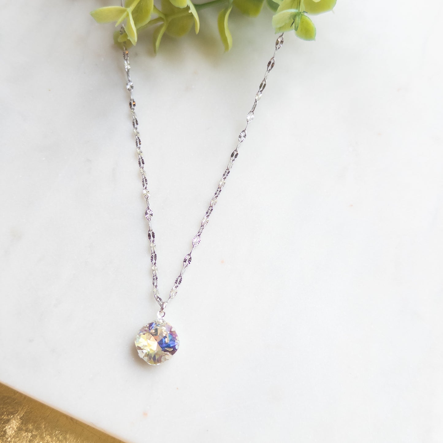 Silver Faceted Chain Necklace w/12mm Clear Cushion Stone