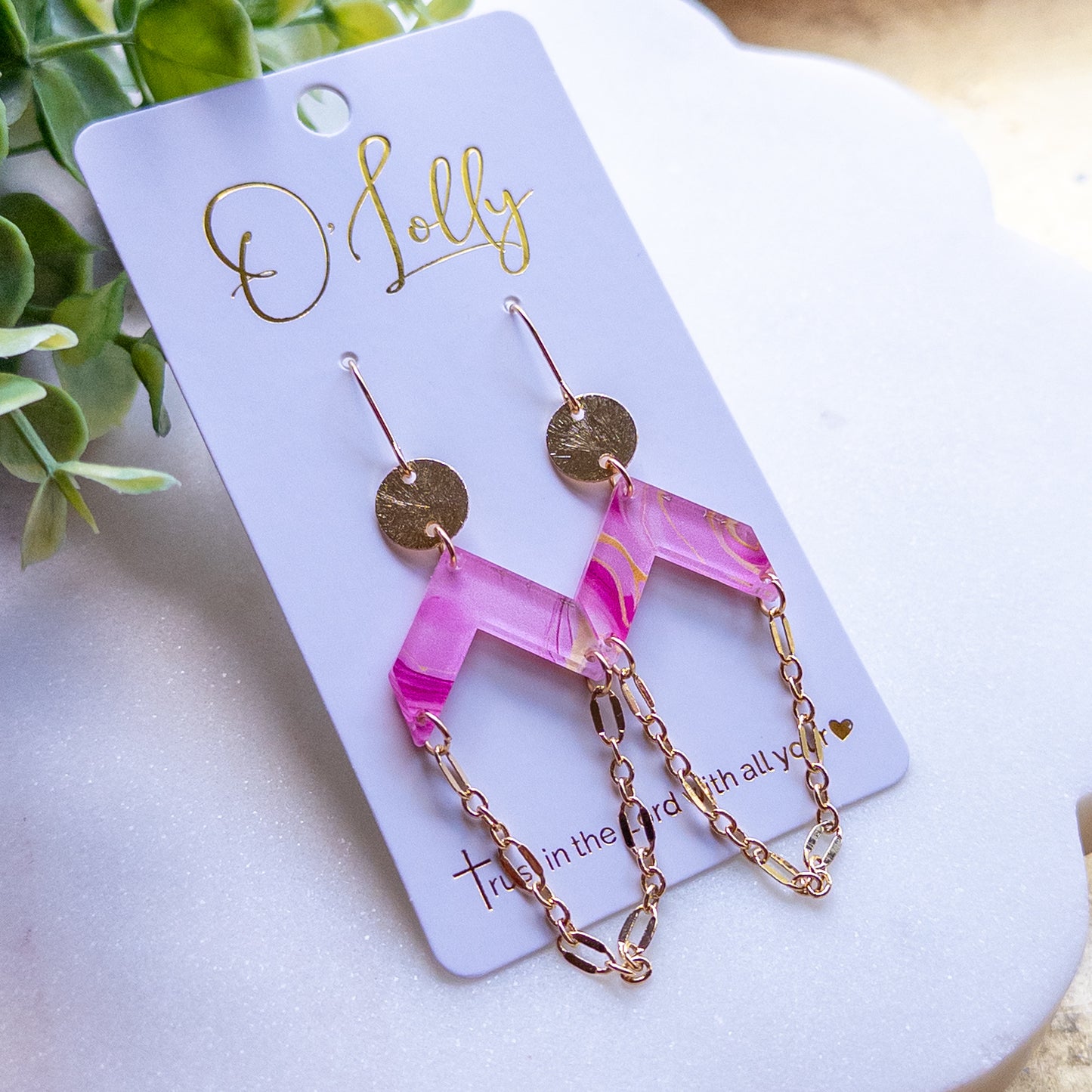 Pink Geo Chain Drop Earrings “Gia”