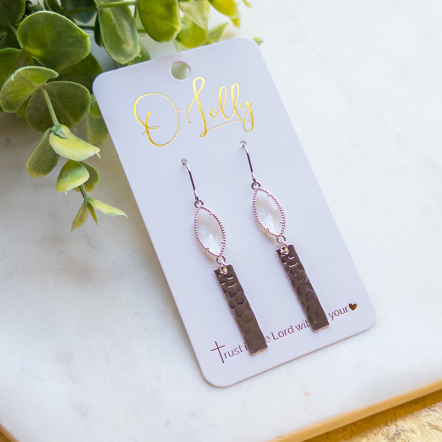 Clear Silver Glass Connector w/Textured Bar Dangle Earrings “Tracee”