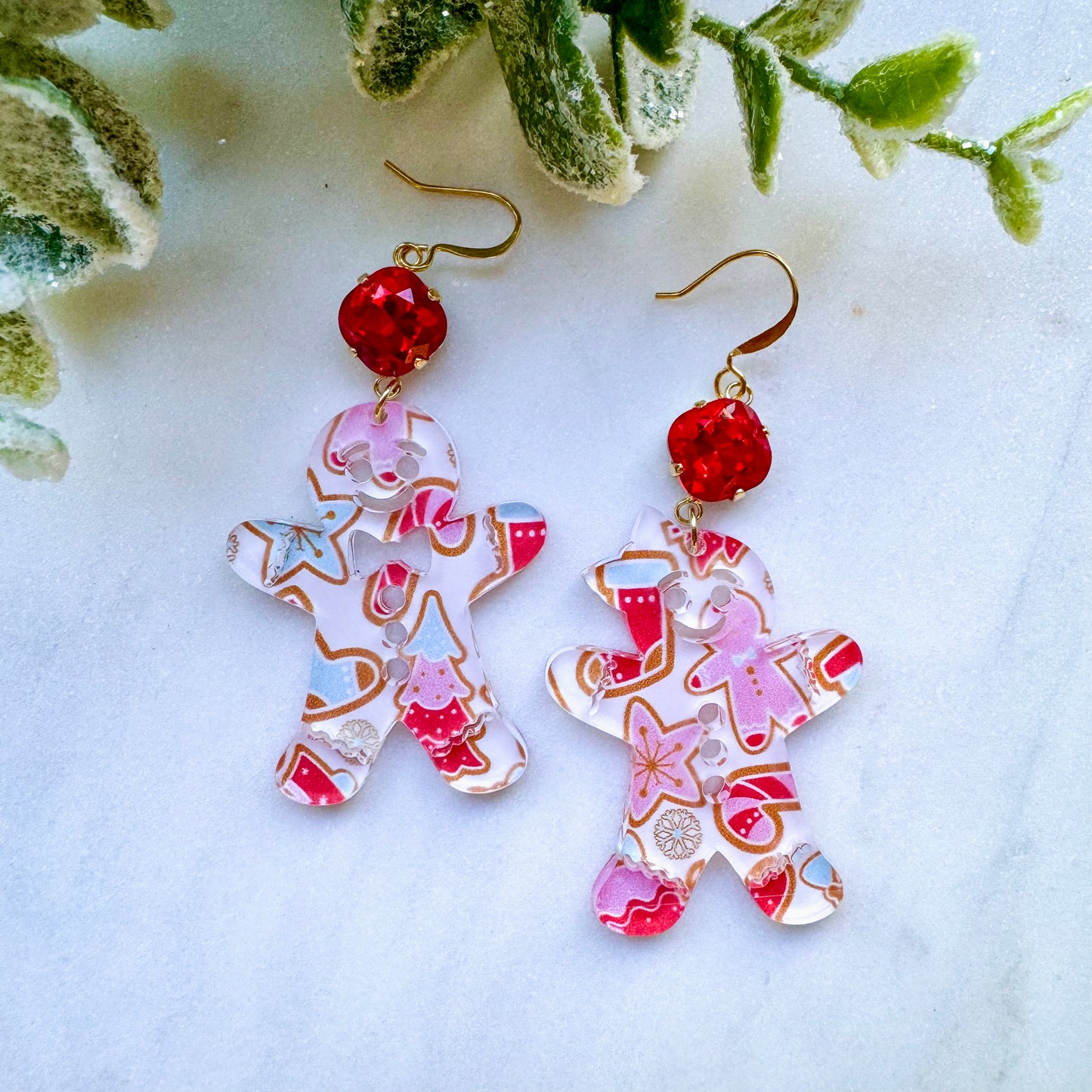O’Lolly “Ginger” Earrings- Acrylic Christmas Gingerbread w/Red Stone