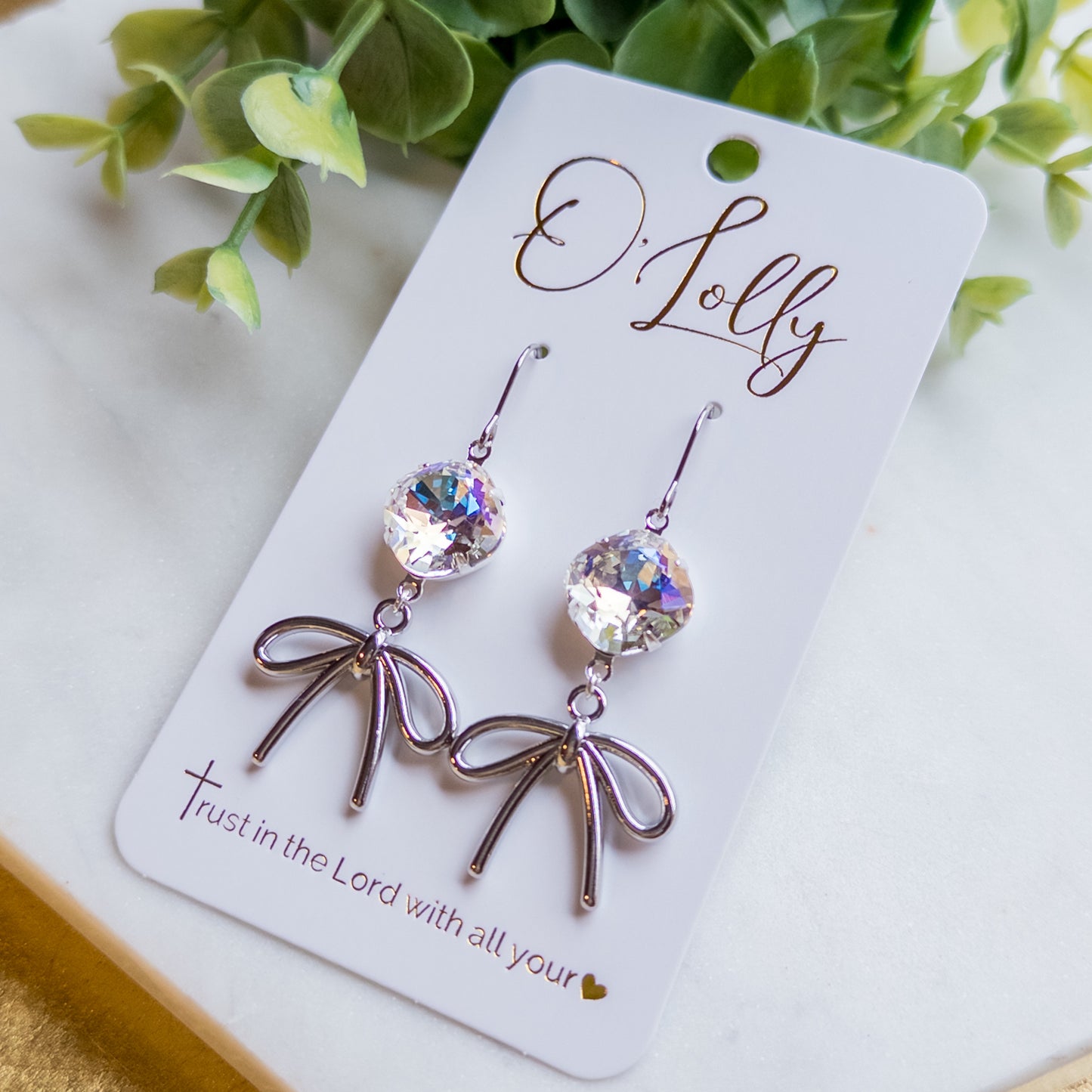 Silver Bow w/ML Clear Stone Dangle Earrings - AnneLynn