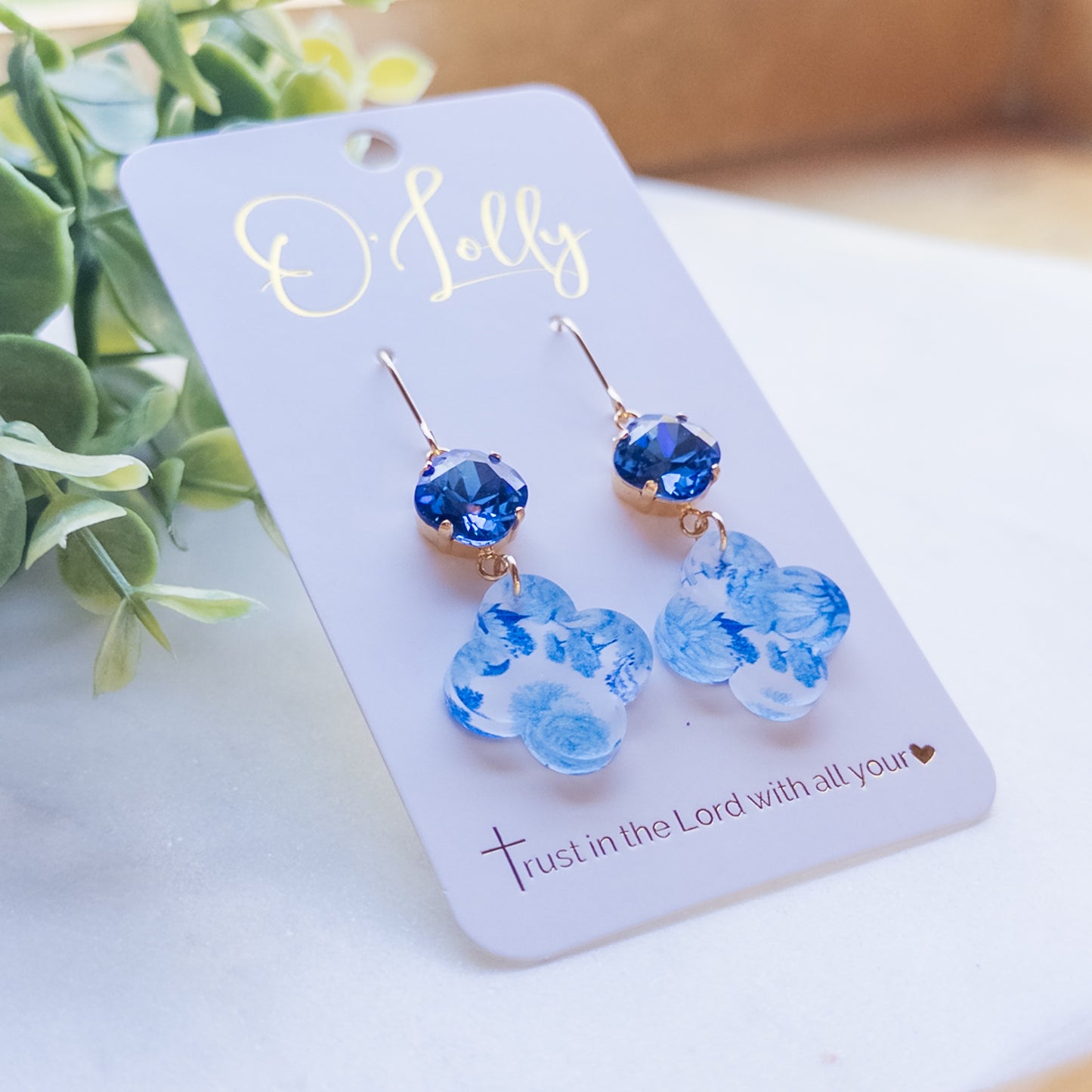 Blue & White Acrylic Quatrefoil w/Blue Stone Dangle Earrings “Blu”