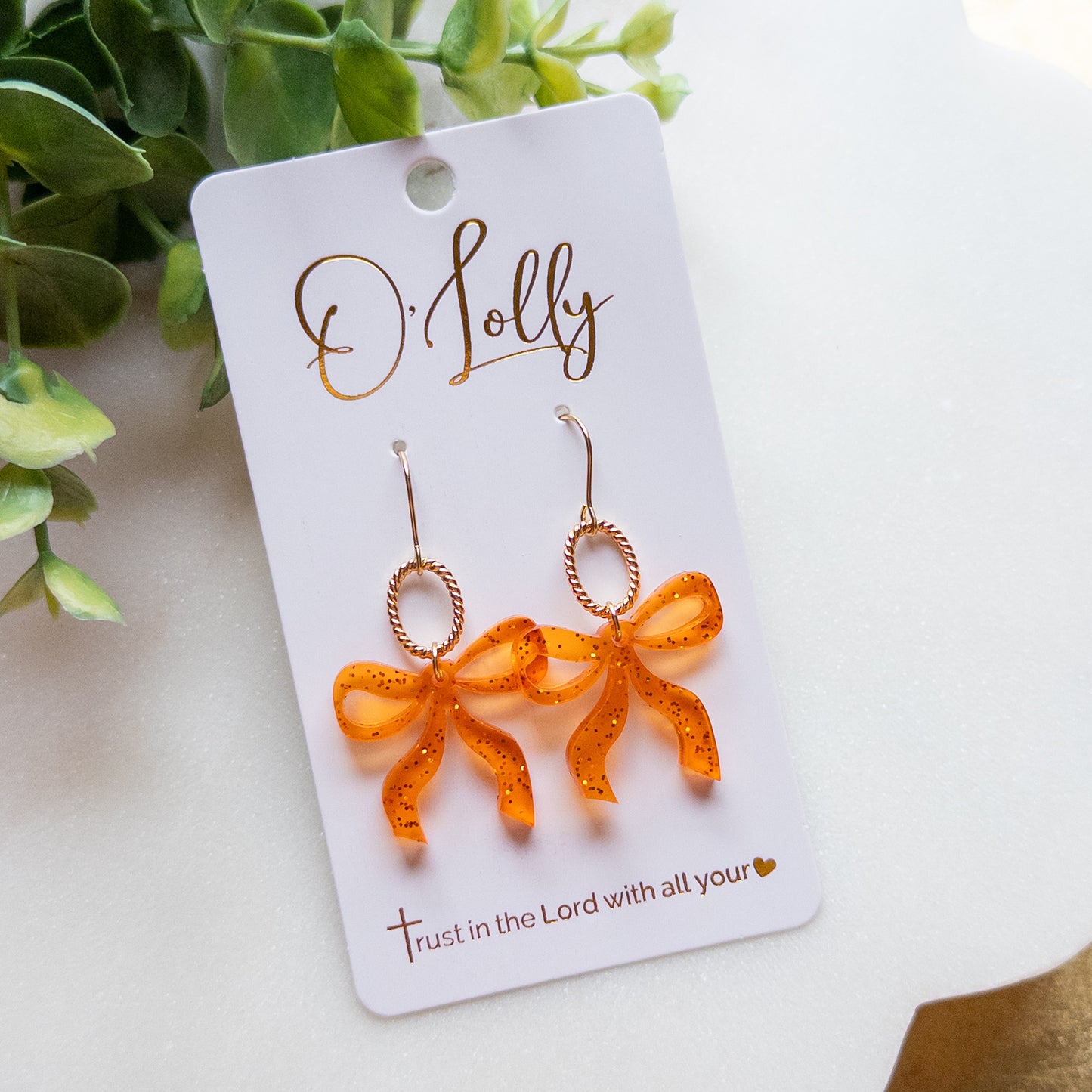 Orange Glitter Bow & Gold Oval Drop Earrings