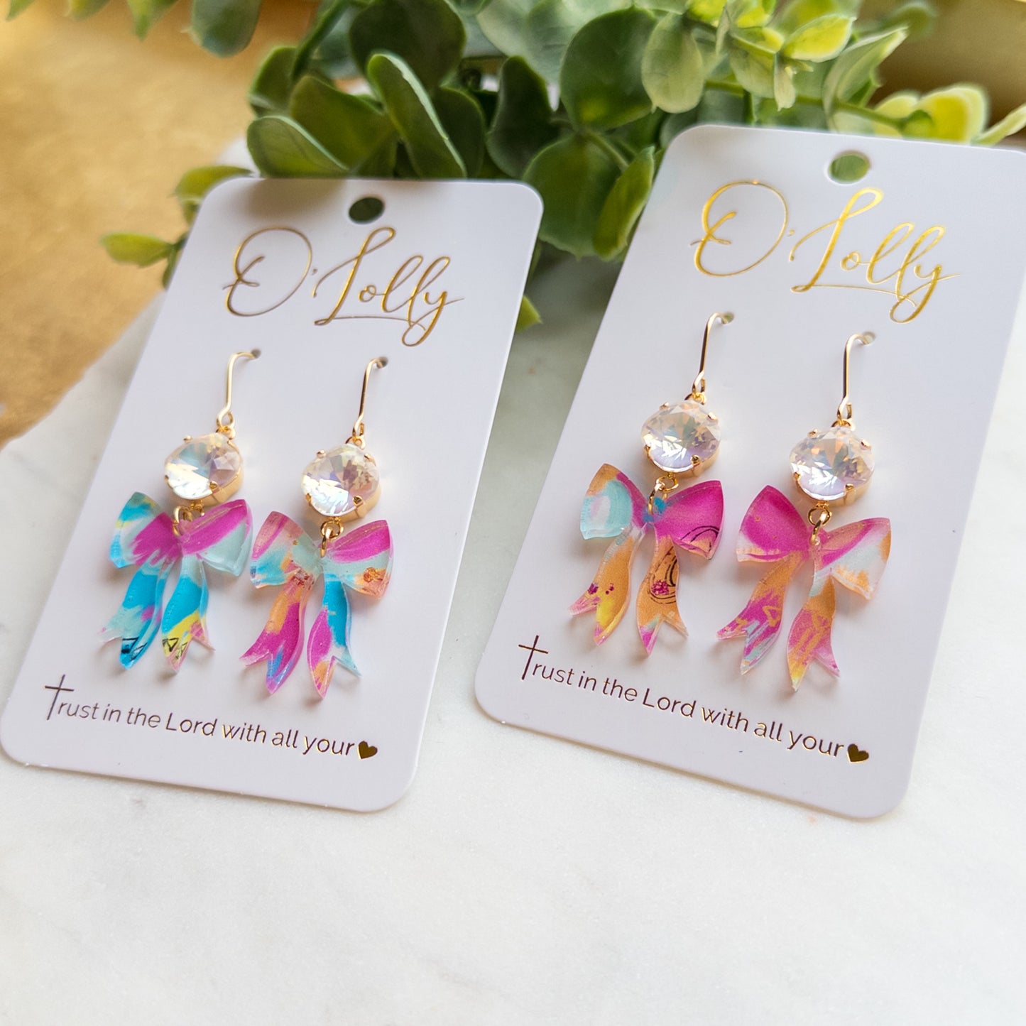 White AB Stone w/Multicolored Acrylic Bow “Linden”