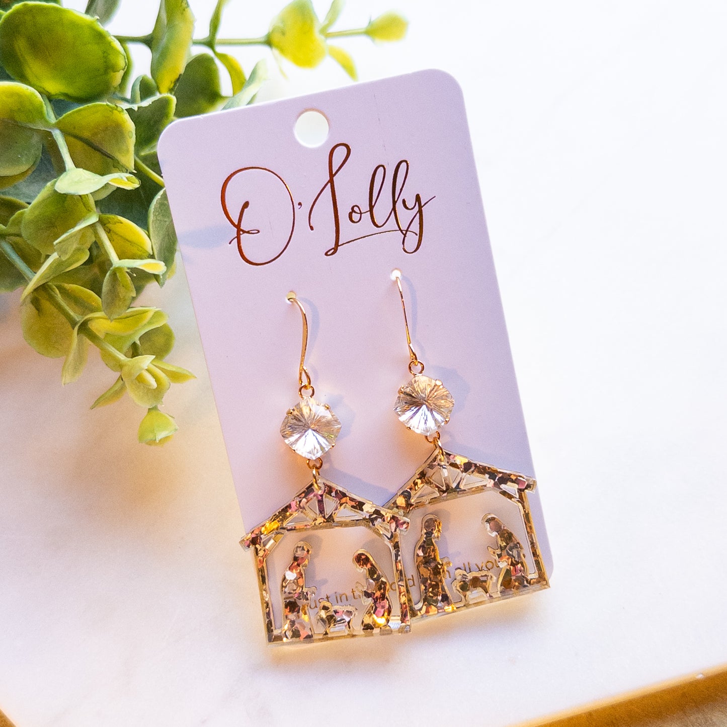 Gold Glitter Acrylic CHRISTmas Nativity Manger Earrings w/Clear Star Burst Stone