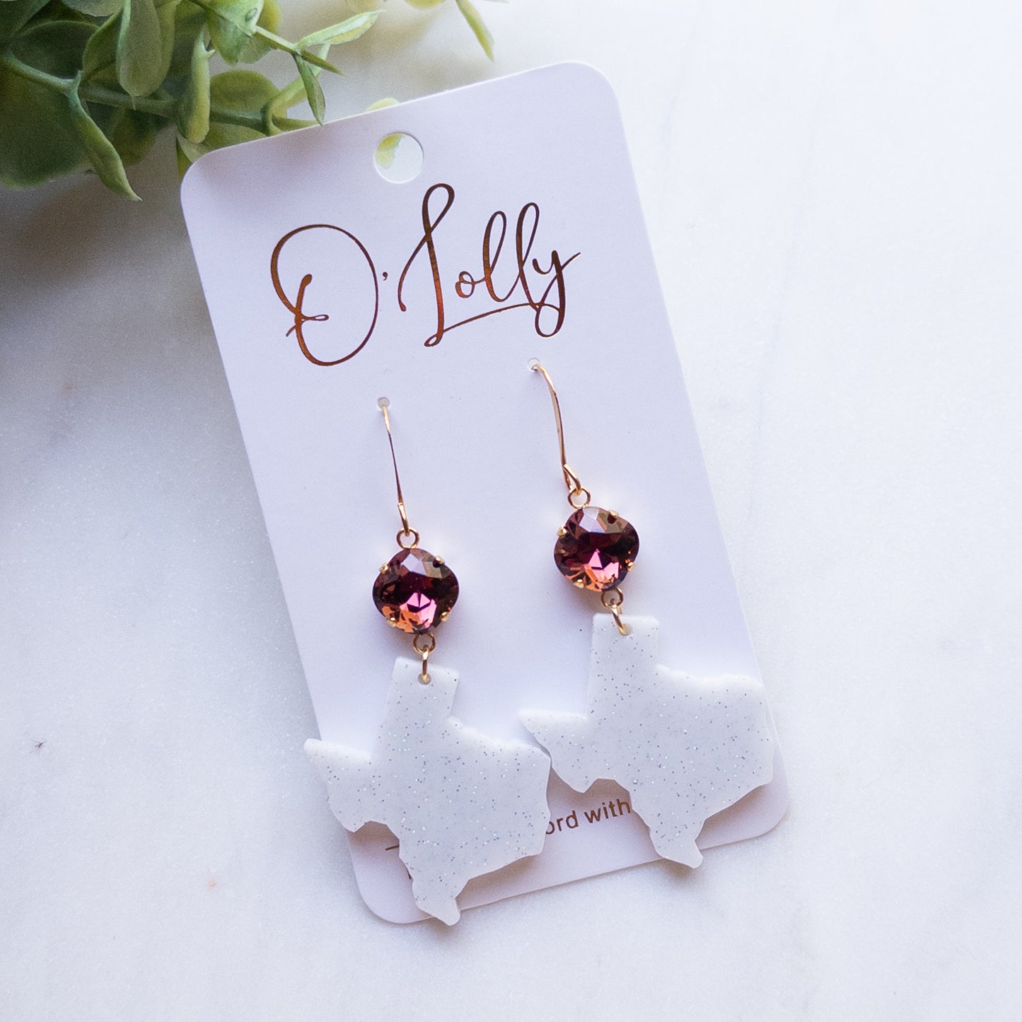 Maroon and White Glitter Acrylic Texas Earrings w/Stone