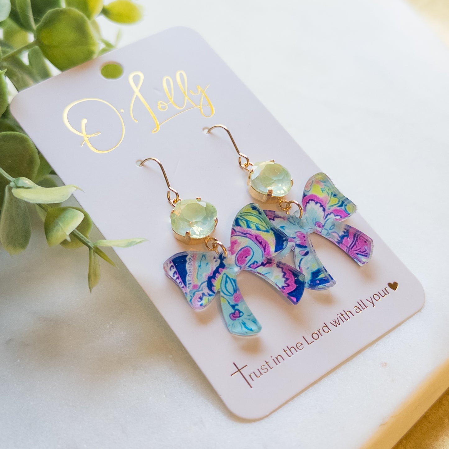 Multicolored Acrylic Bow w/Light Green Stone Dangle Earrings “Bianca”
