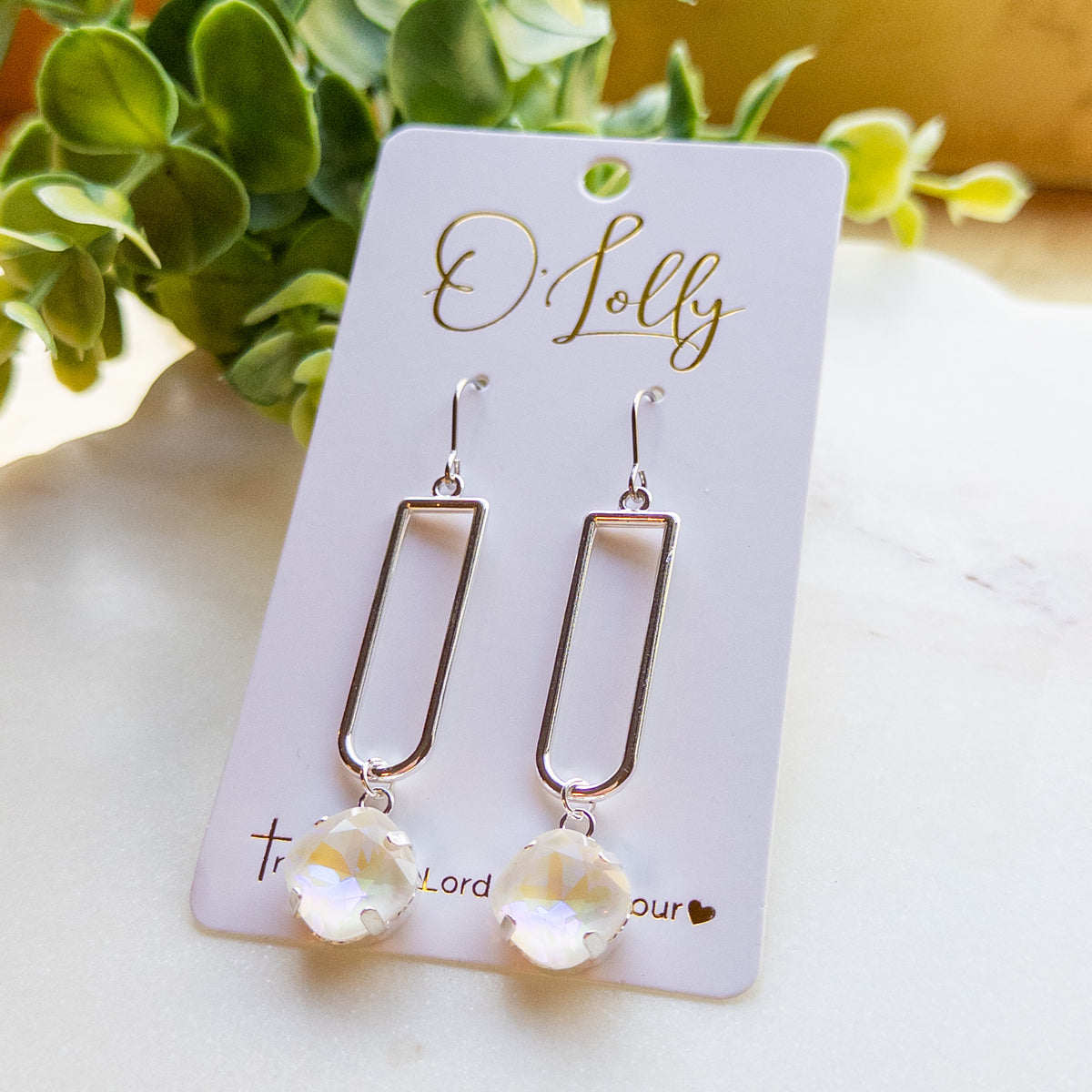 Silver Open Rectangle Crystal Drop Earrings
