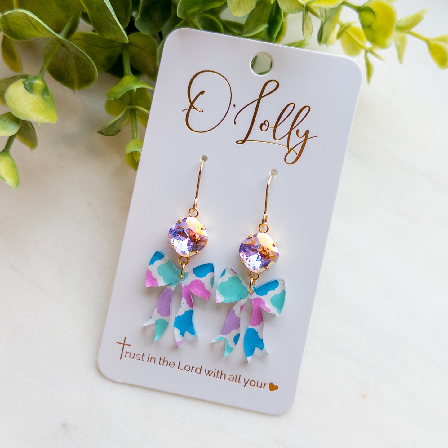 Multicolored Acrylic Bow Dangle Earrings w/Purple Stone - “Addy”