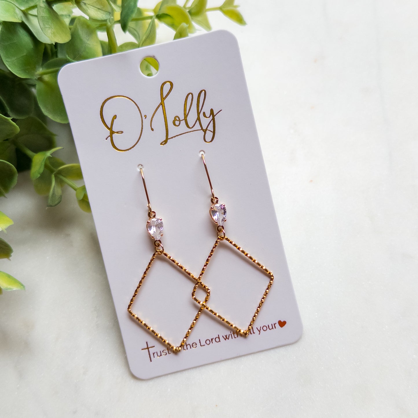 18K Cubic Zirconia Connector w/Gold Plated Textured Rhombus Dangle Earrings “Devin”