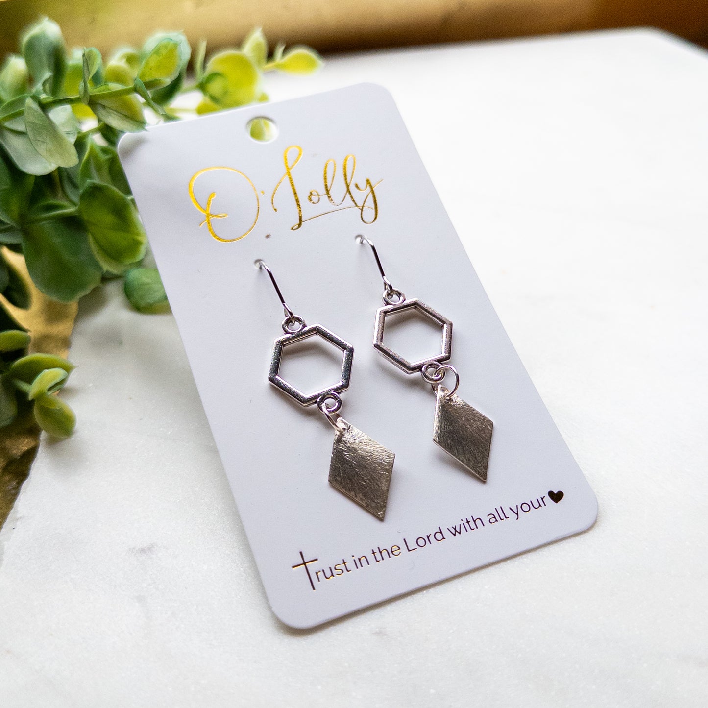 DEAL- Silver Geometric Drop Earrings | Hexagon & Diamond Dangle Earrings | Modern Minimalist