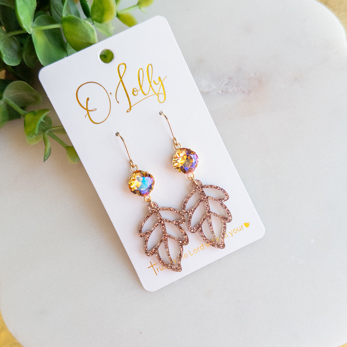 Brown Glitter Leaf Dangle Earrings – Sparkling Crystal Accents