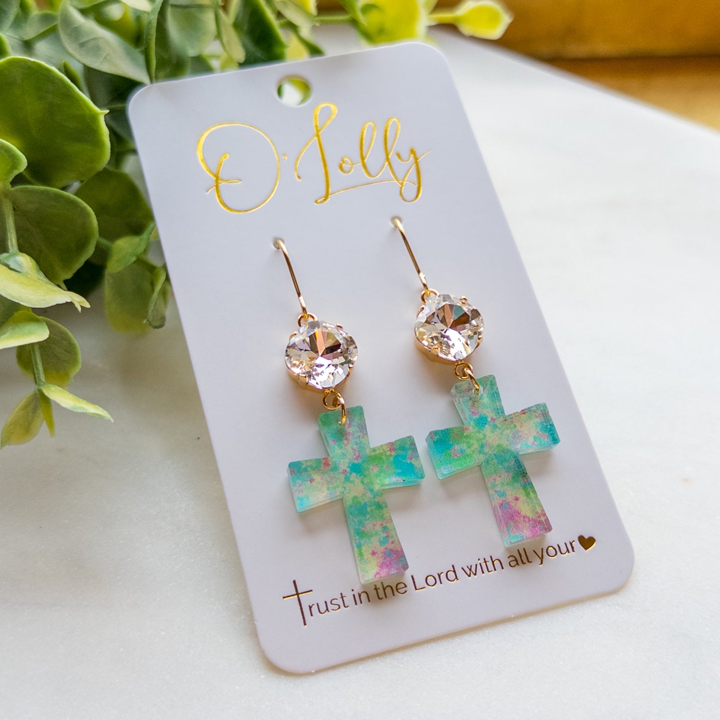 Clear Stone w/Aqua, Green & Pink Shaded Acrylic Cross “Gabby”