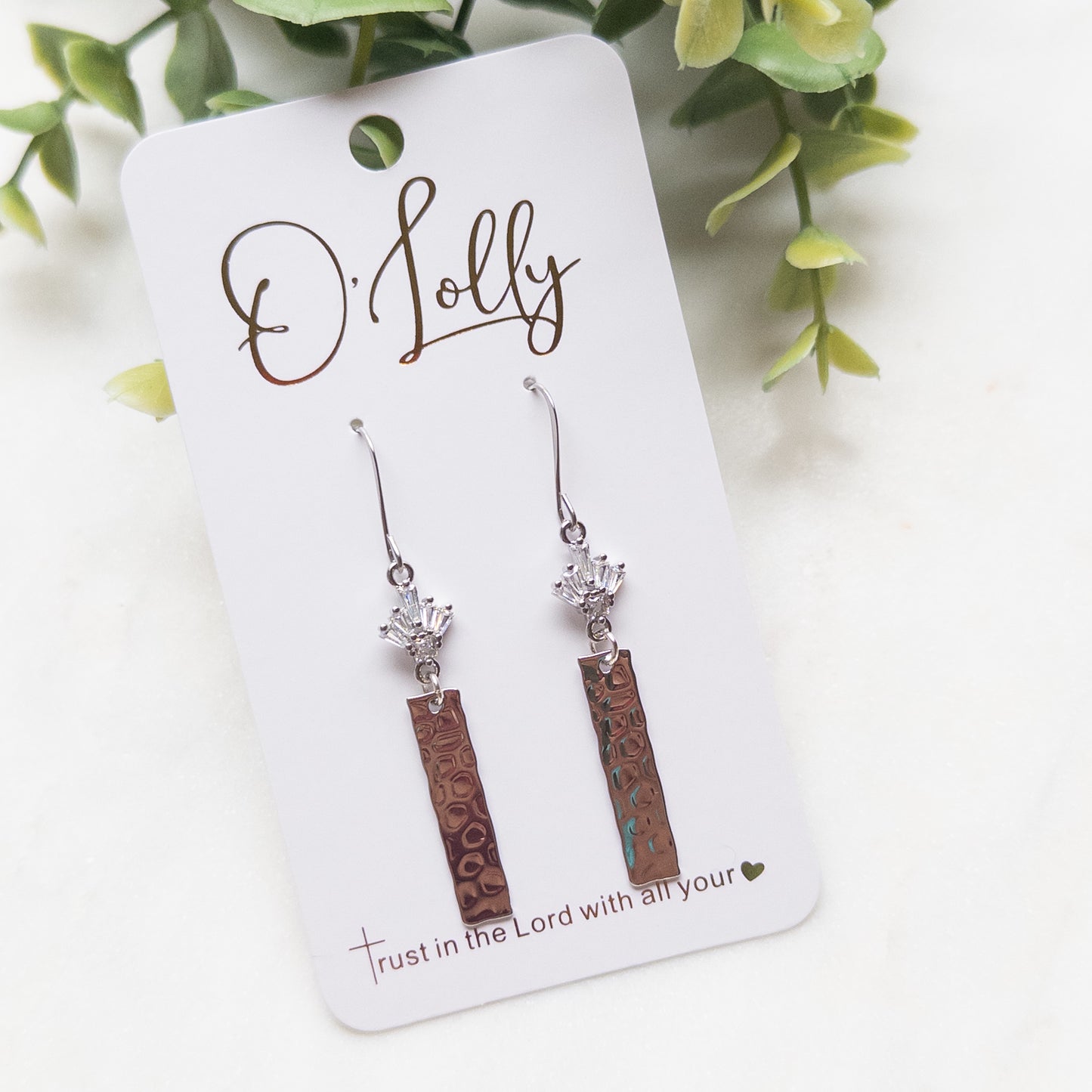 Cubic Zirconia w/Textured Bar Dangle Earrings- “Evelyn”