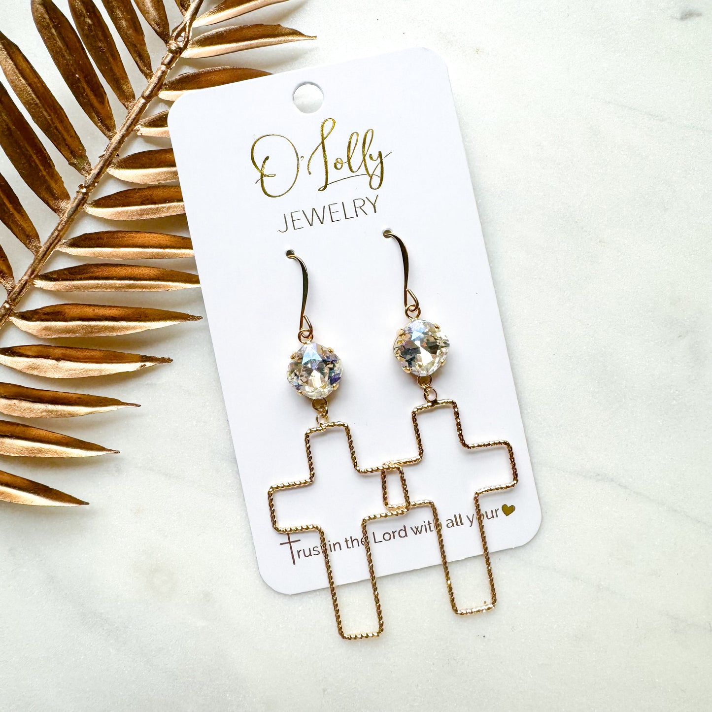 O’Lolly “Christen” Earrings - Clear Stone w/Open Cross Dangle