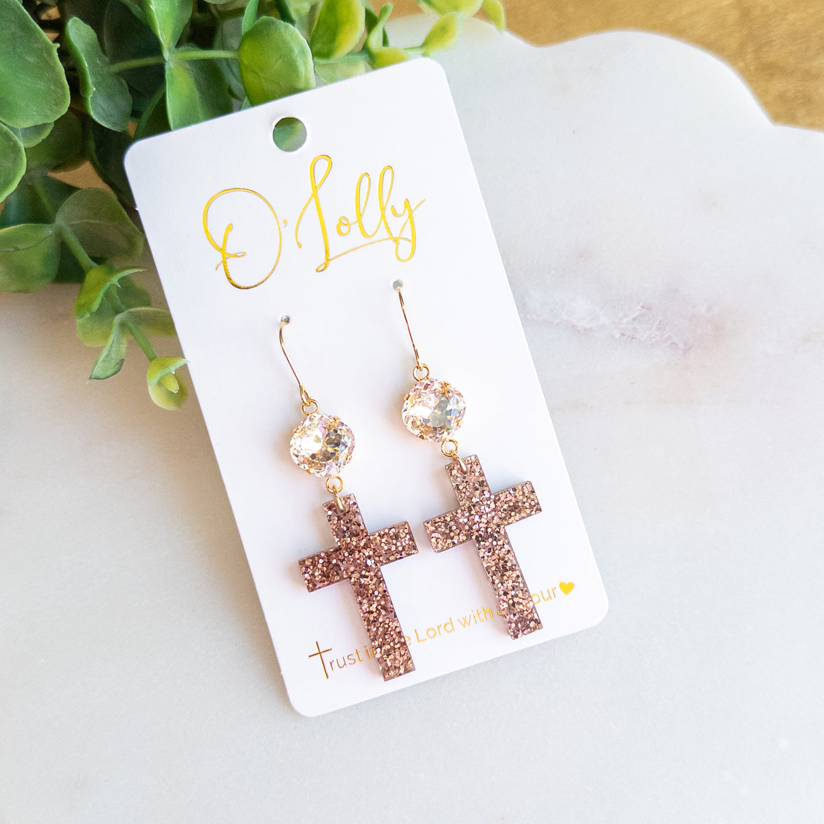 Brown Glitter Cross Dangle Earrings – Sparkling Crystal Accents