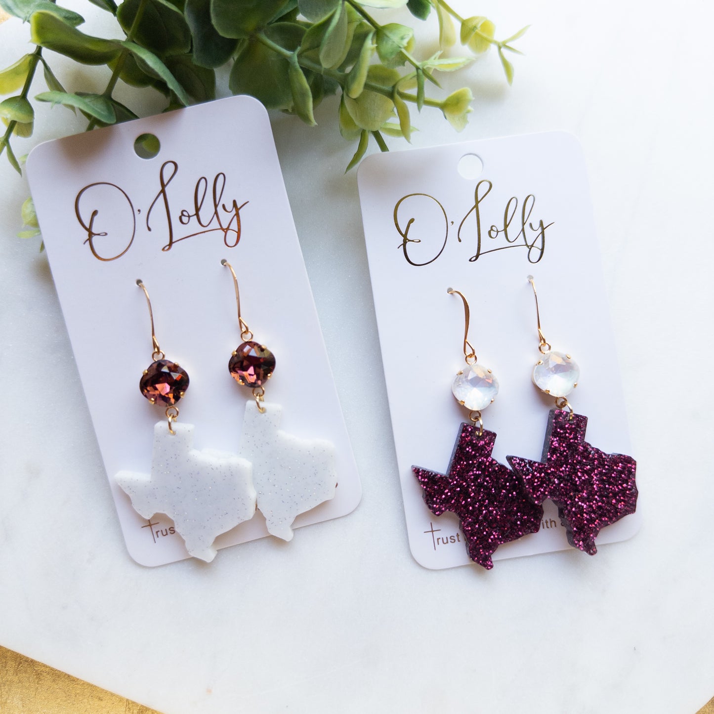 Maroon and White Glitter Acrylic Texas Earrings w/Stone
