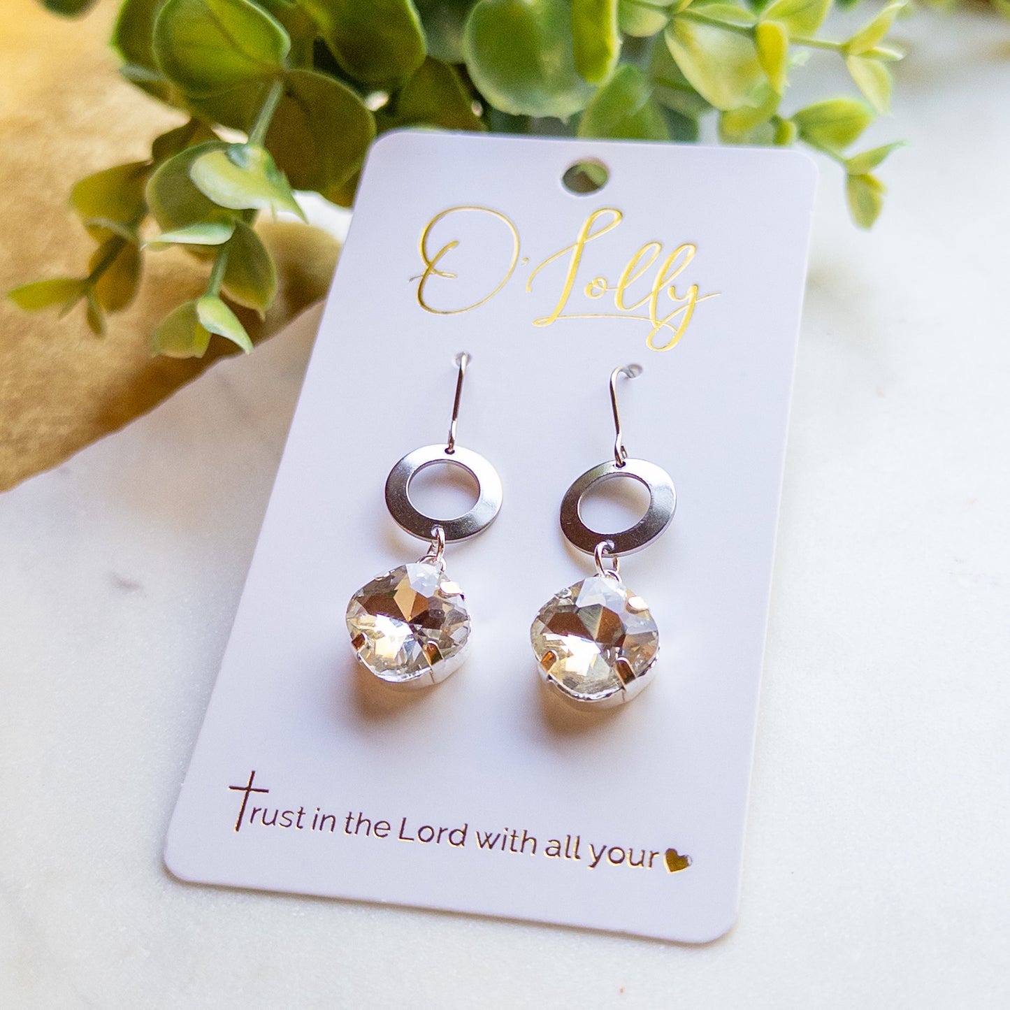 Silver Open Circle & Clear Crystal Drop Earrings “Helen”