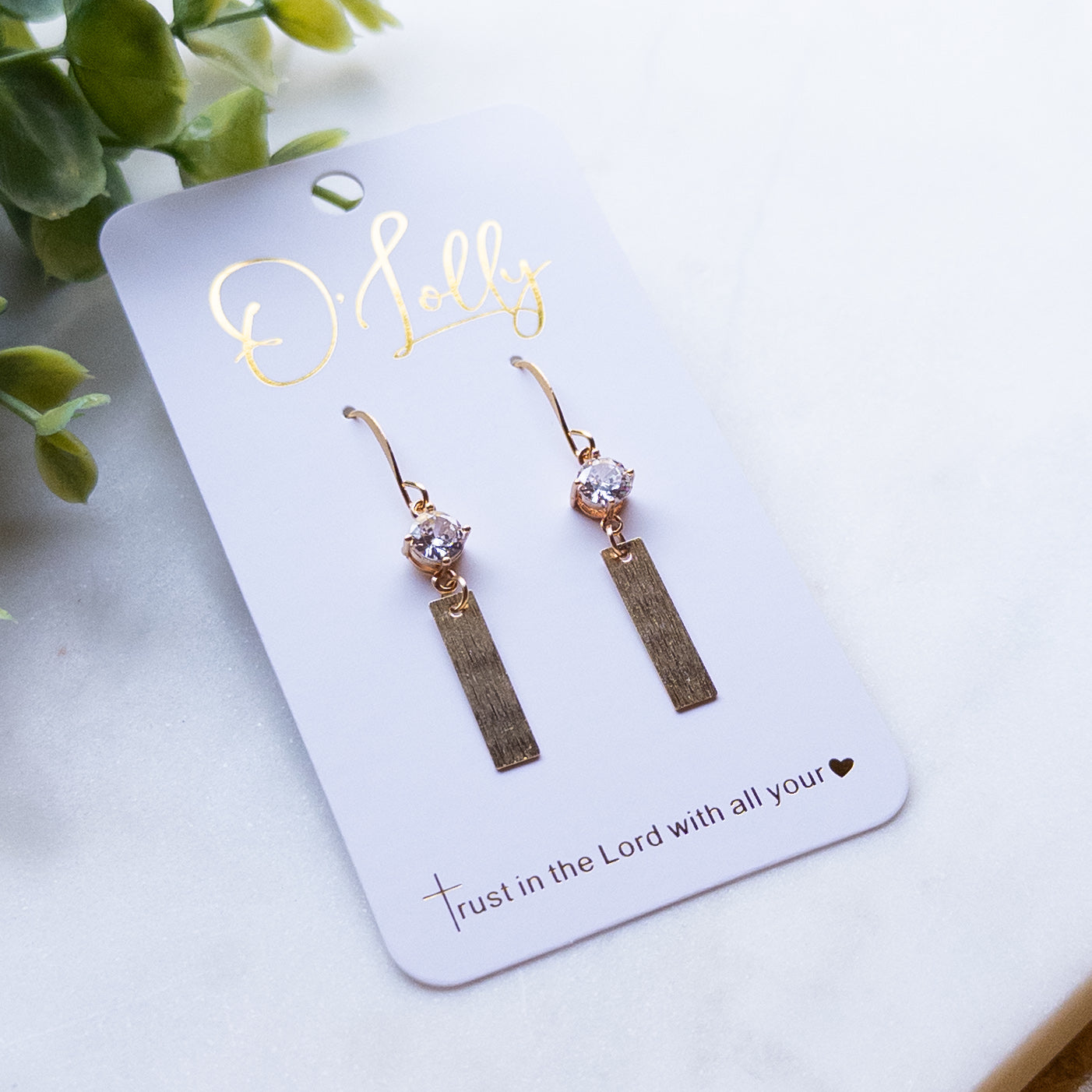 Dainty Glass Stone w/Gold Bar Dangle Earrings “Heidi”