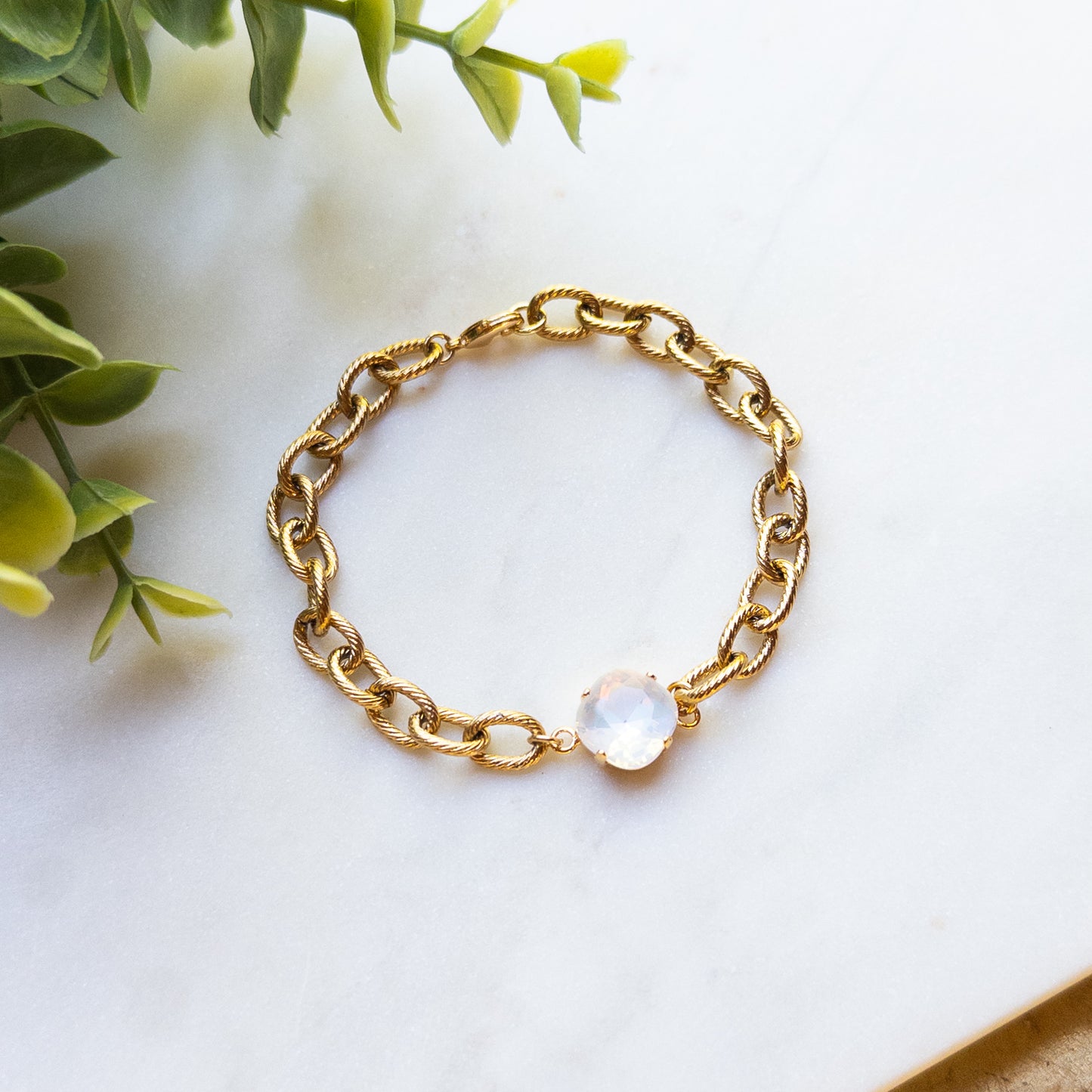 Textured Gold Chain Bracelet w/White Stone