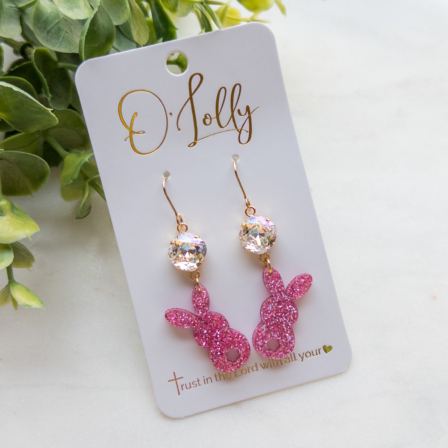 Pink Glitter Acrylic Bunny Dangle Earrings w/Clear Stone- Easter 1