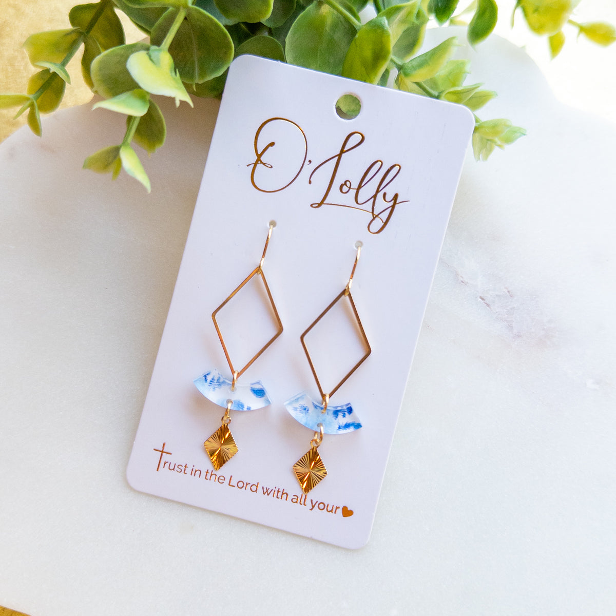 Gold Blue Floral Geometric Drop Earrings “Bess”