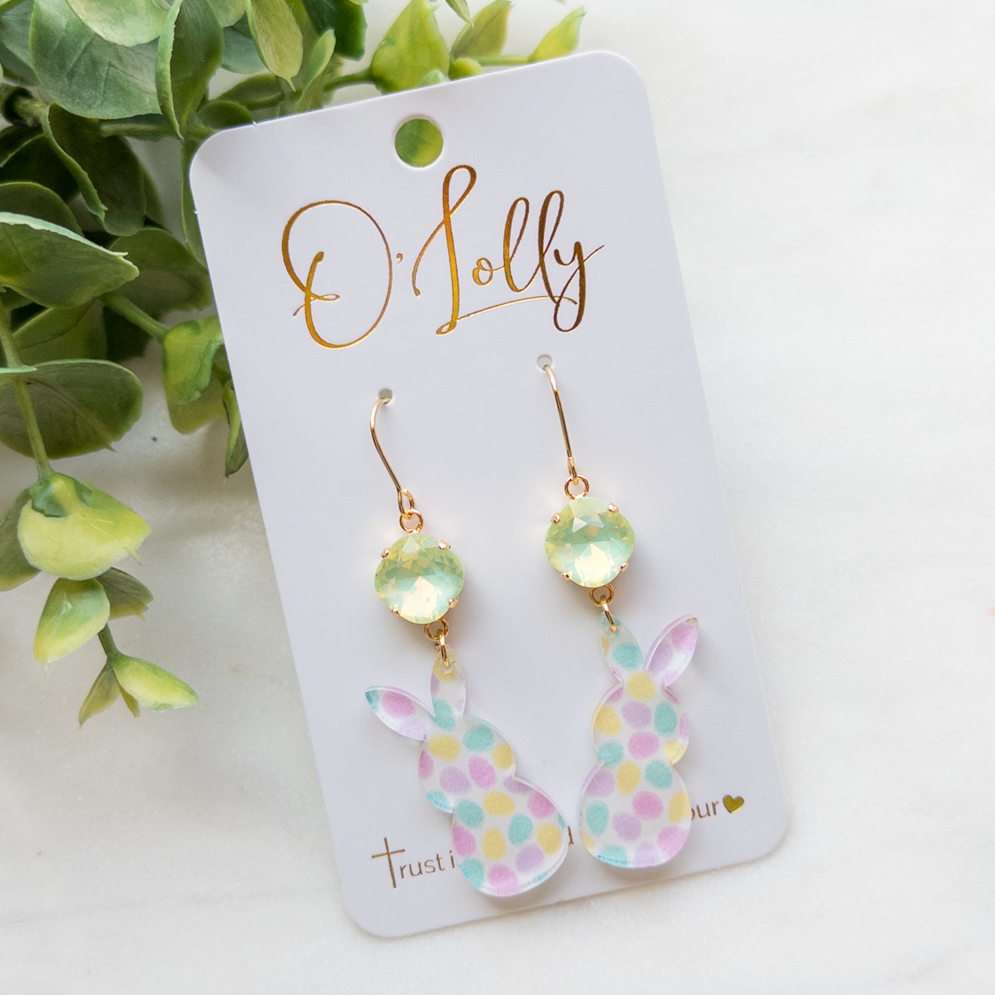 Multicolored Egg Print Acrylic Earrings w/Green Stone - Easter 2