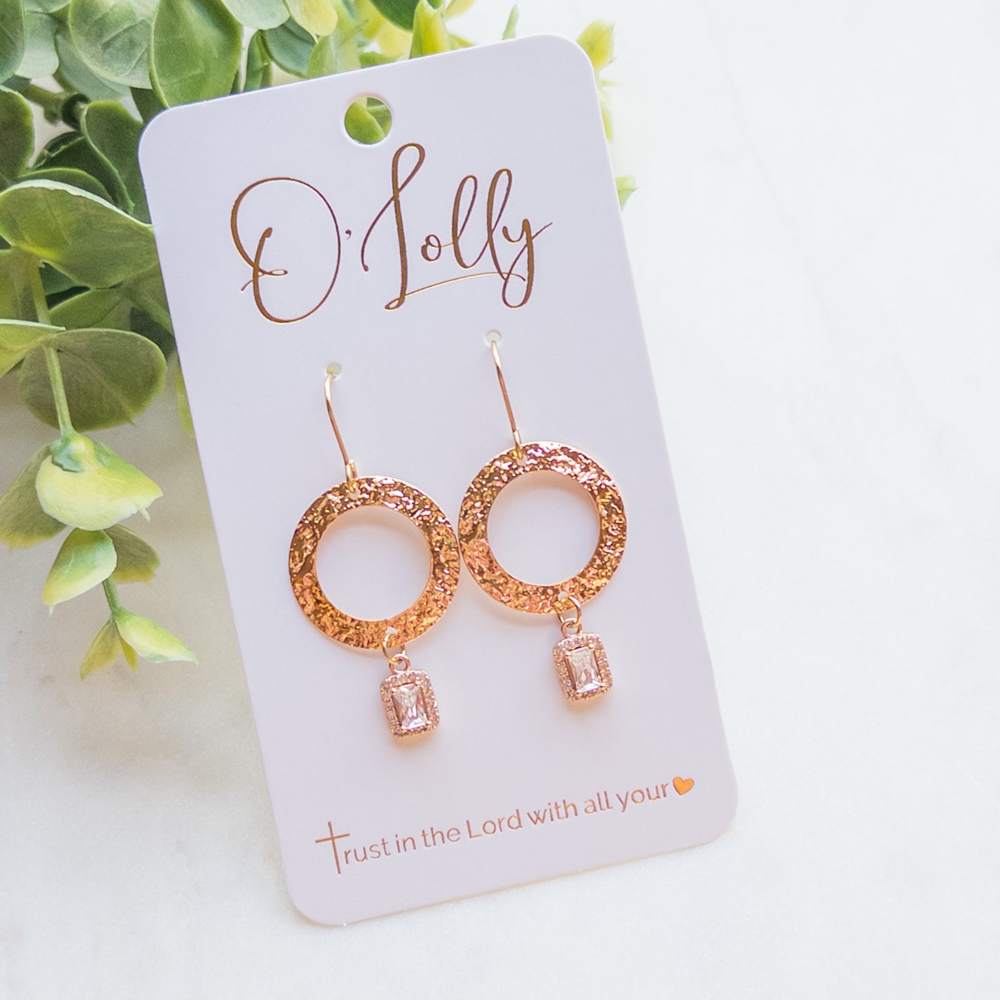 GoldTextured Open Circle w/Cubic Zirconia Rectangle Dangle Earrings “Sassy”