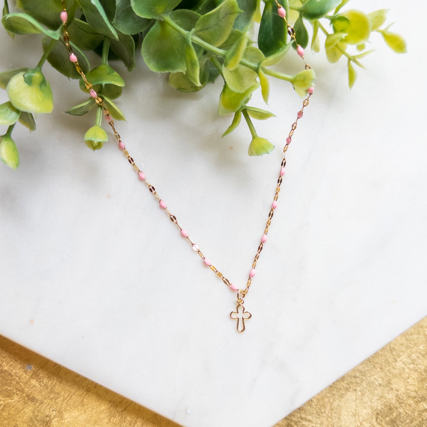 Gold & Pink Enamel Chain w/Open Cross Charm Necklace