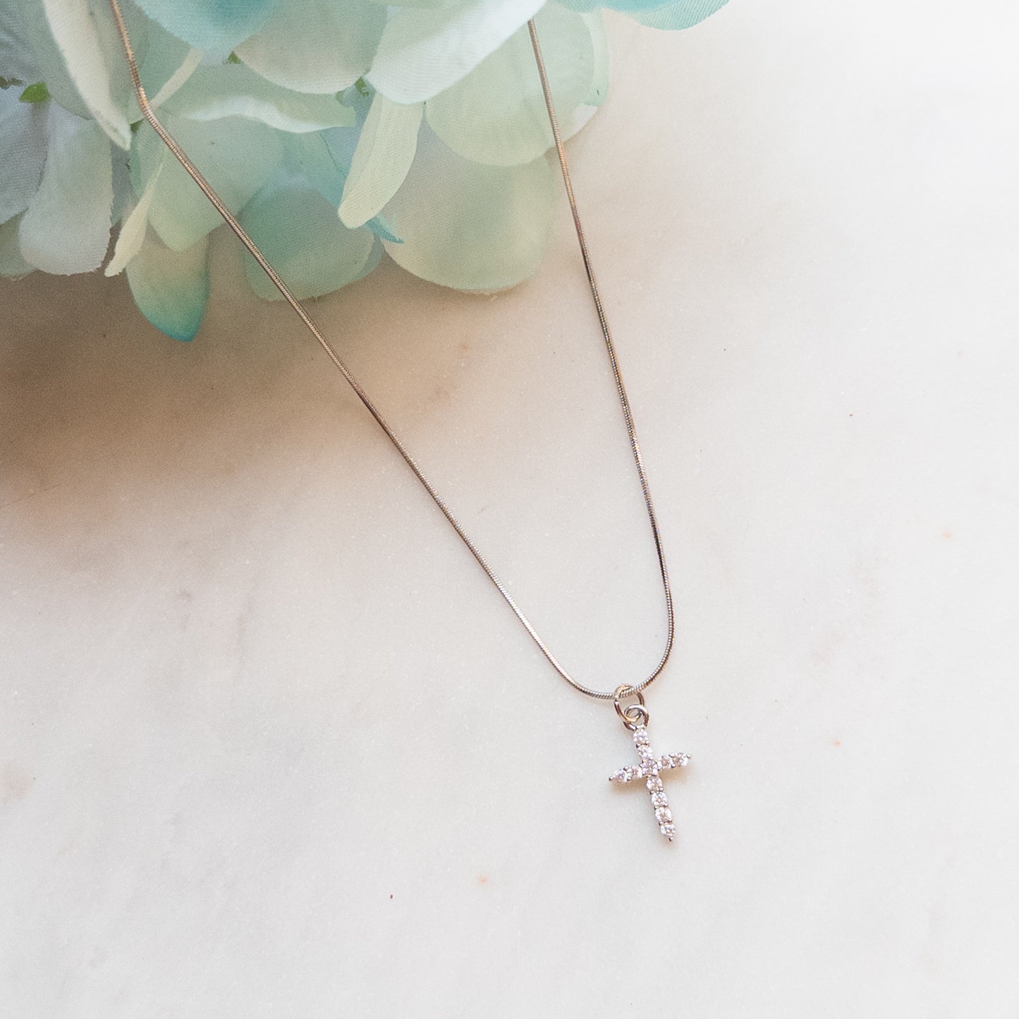 Silver CZ Cross Necklace (18”)