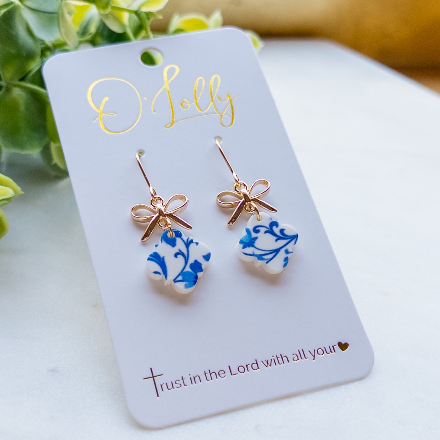 Gold Bow w/Blue & White Shaped Dangle Earrings “Bluebell”