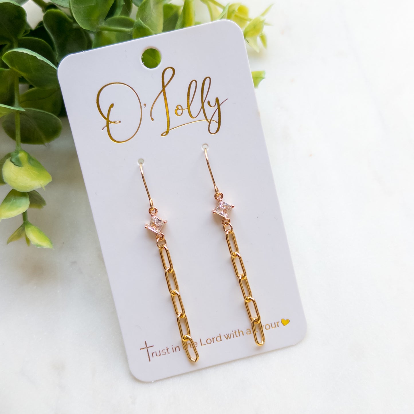 18k Gold Plated Chain w/CZ Connector Dangle Earrings
