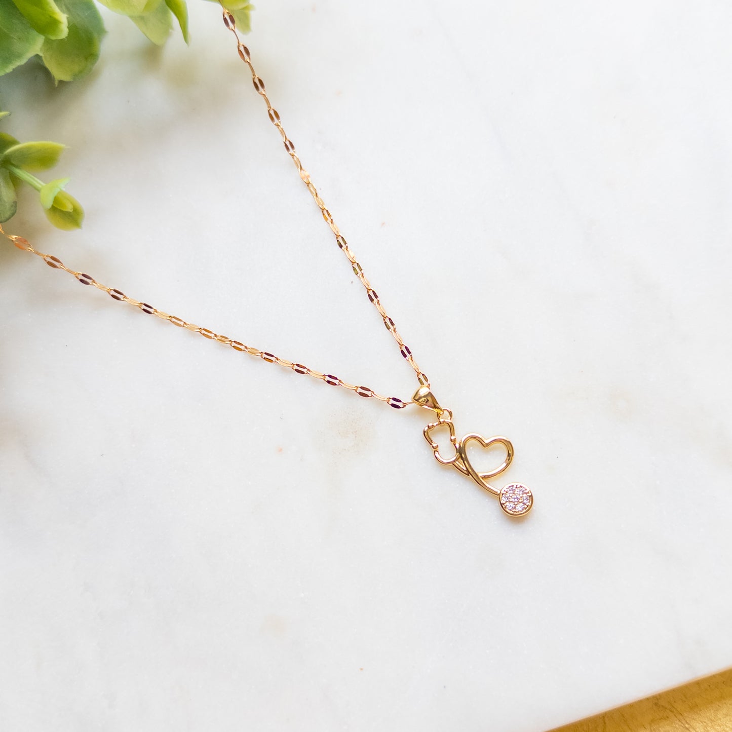 Gold Crystal Stethoscope Heart Pendant Necklace