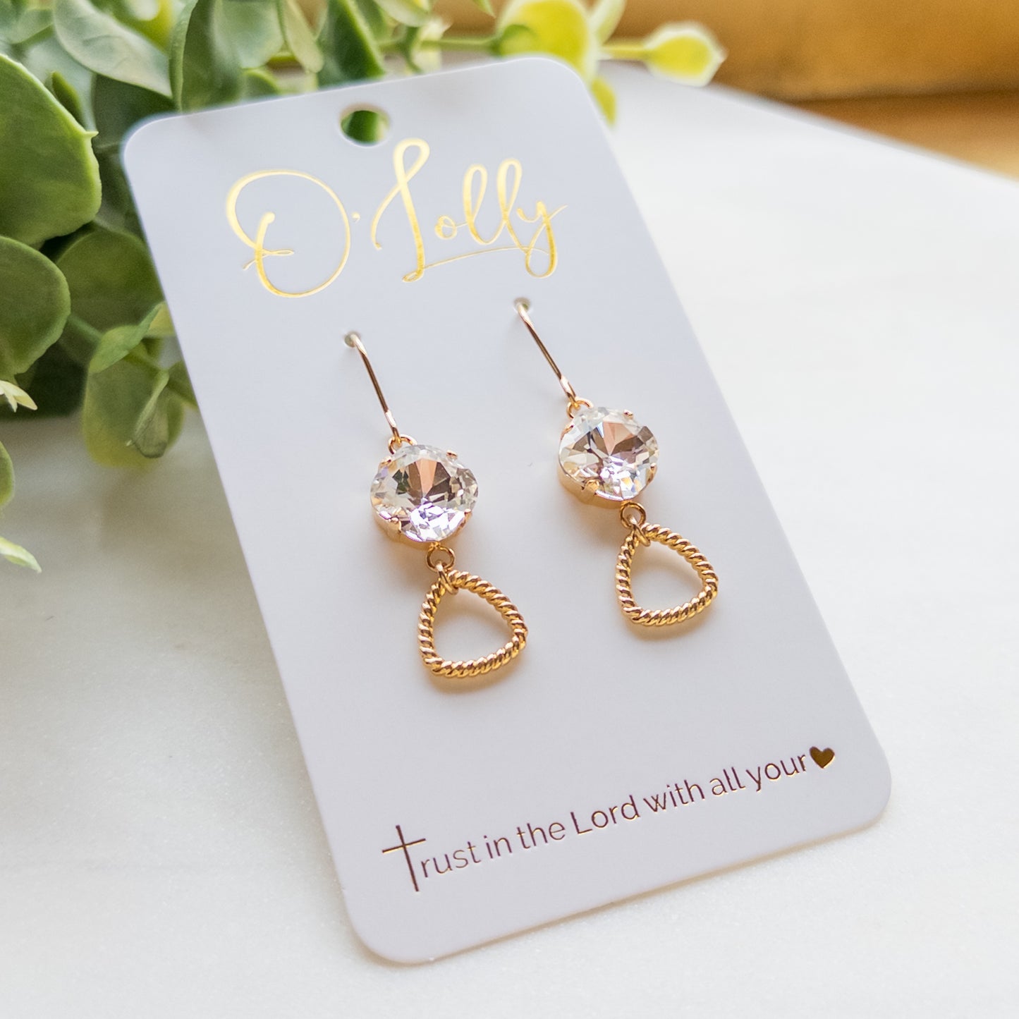 Clear Stone w/Gold Textured Shaped Dangle Earrings - Zoe