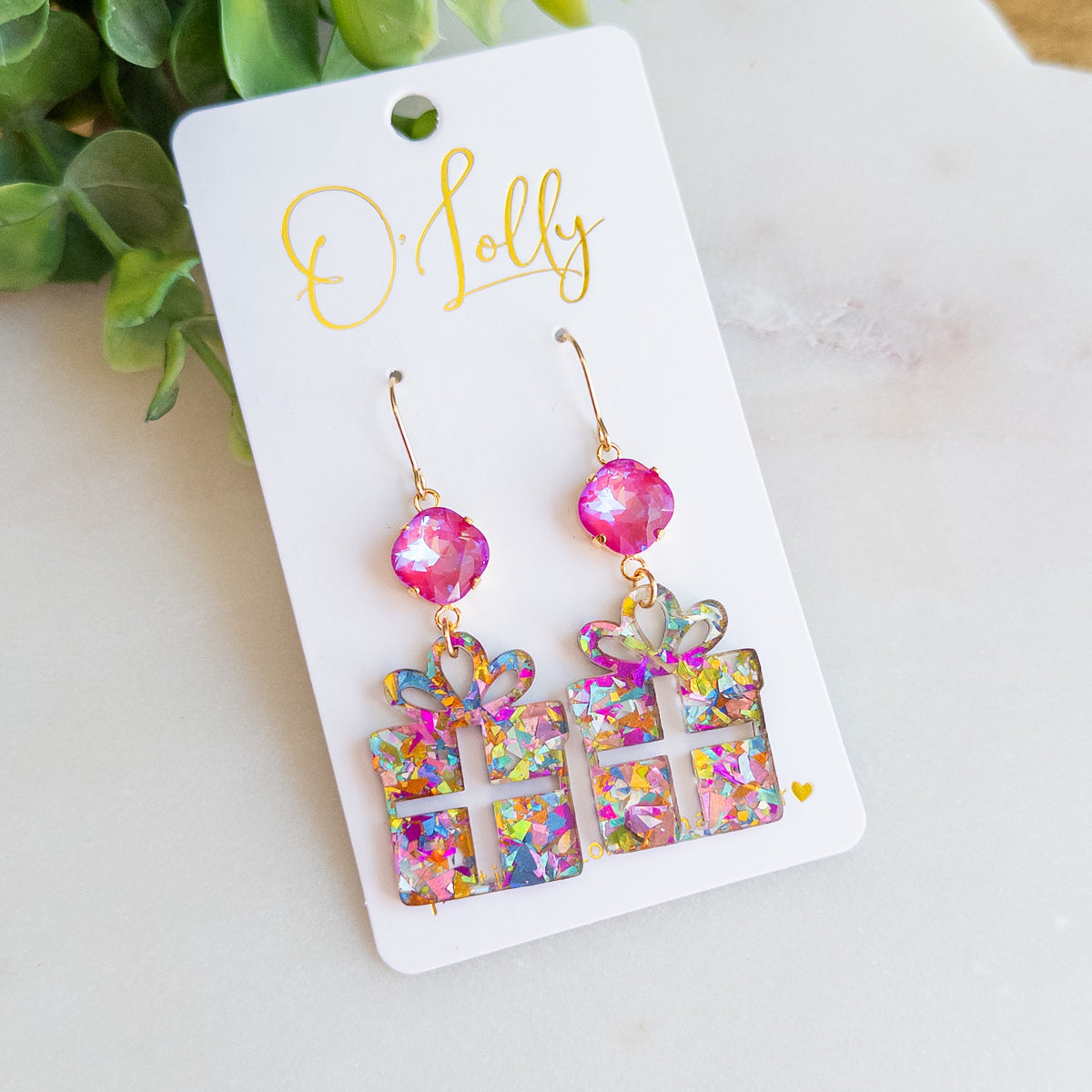 Christmas Present Dangle Earrings – Pink Rhinestone & Multicolor Glitter