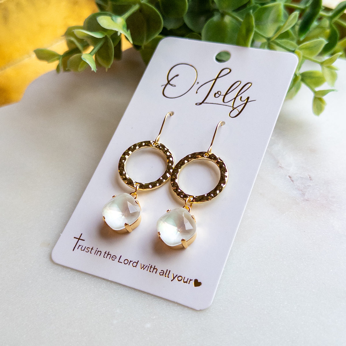 Gold Textured Circle Opal Drop Earrings “Elodie”