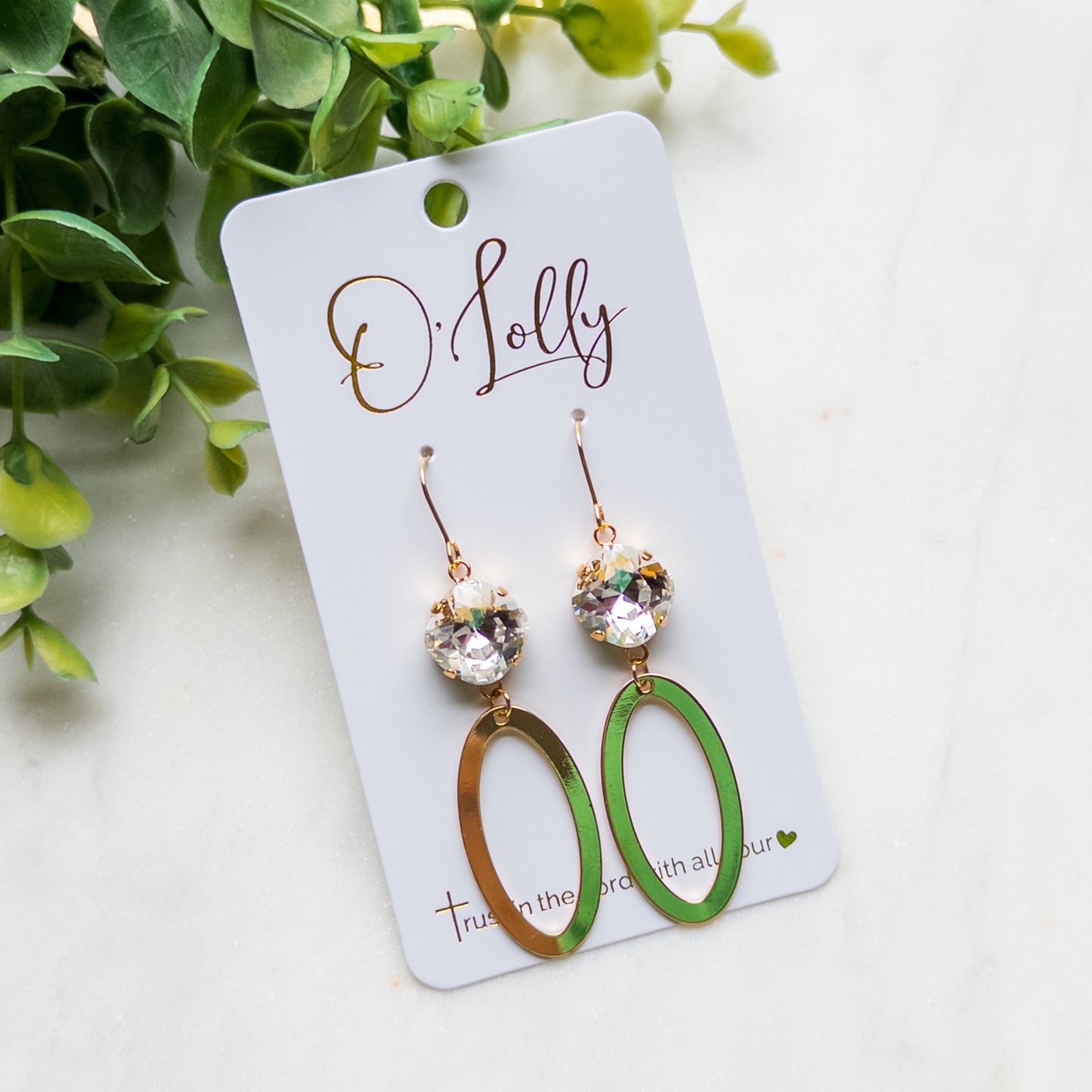 Clear Stone w/Gold Shiny Open Oval Dangle Earrings “Elise”