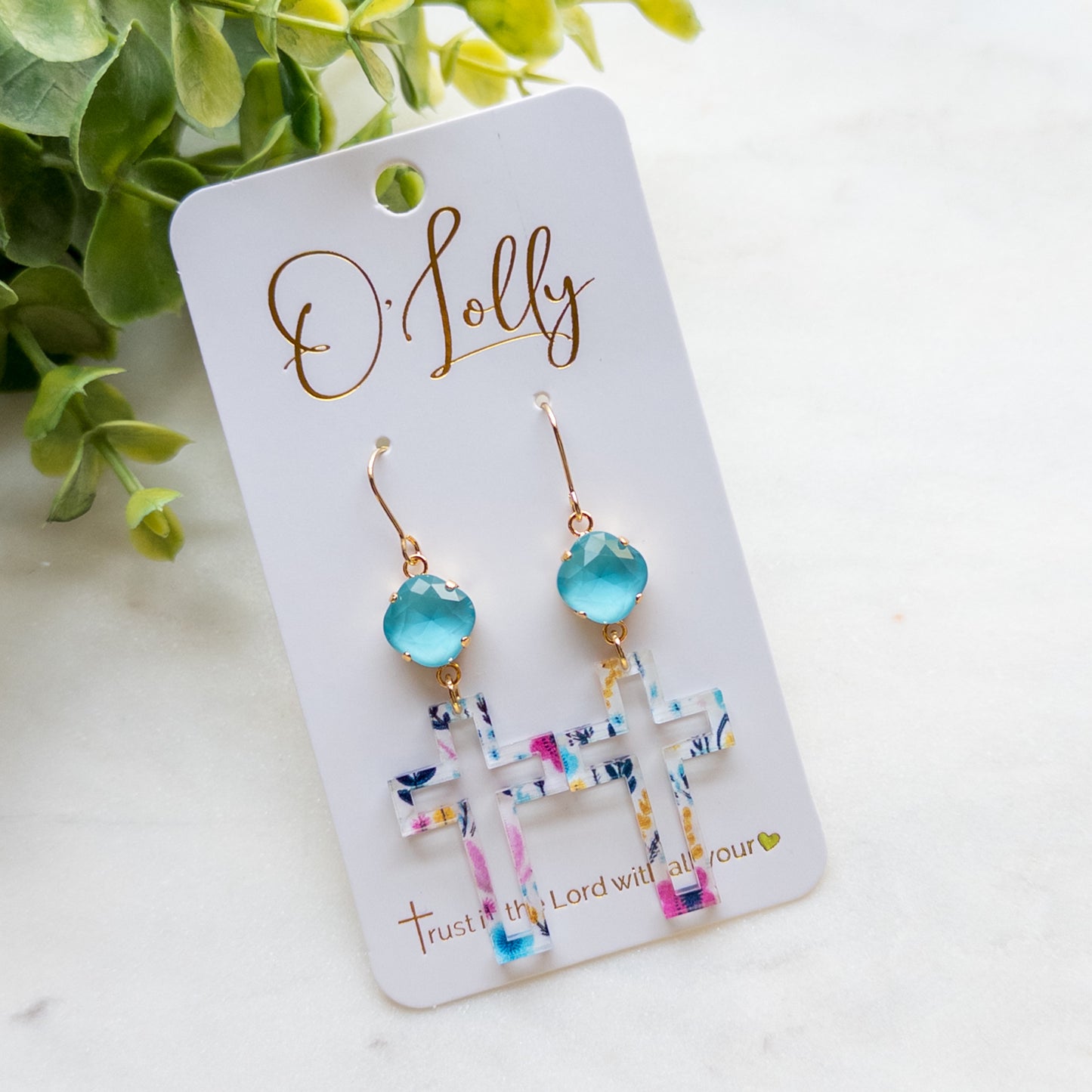 Acrylic Multicolored Flower Open Cross Dangle w/Blue Stone “Maylee”