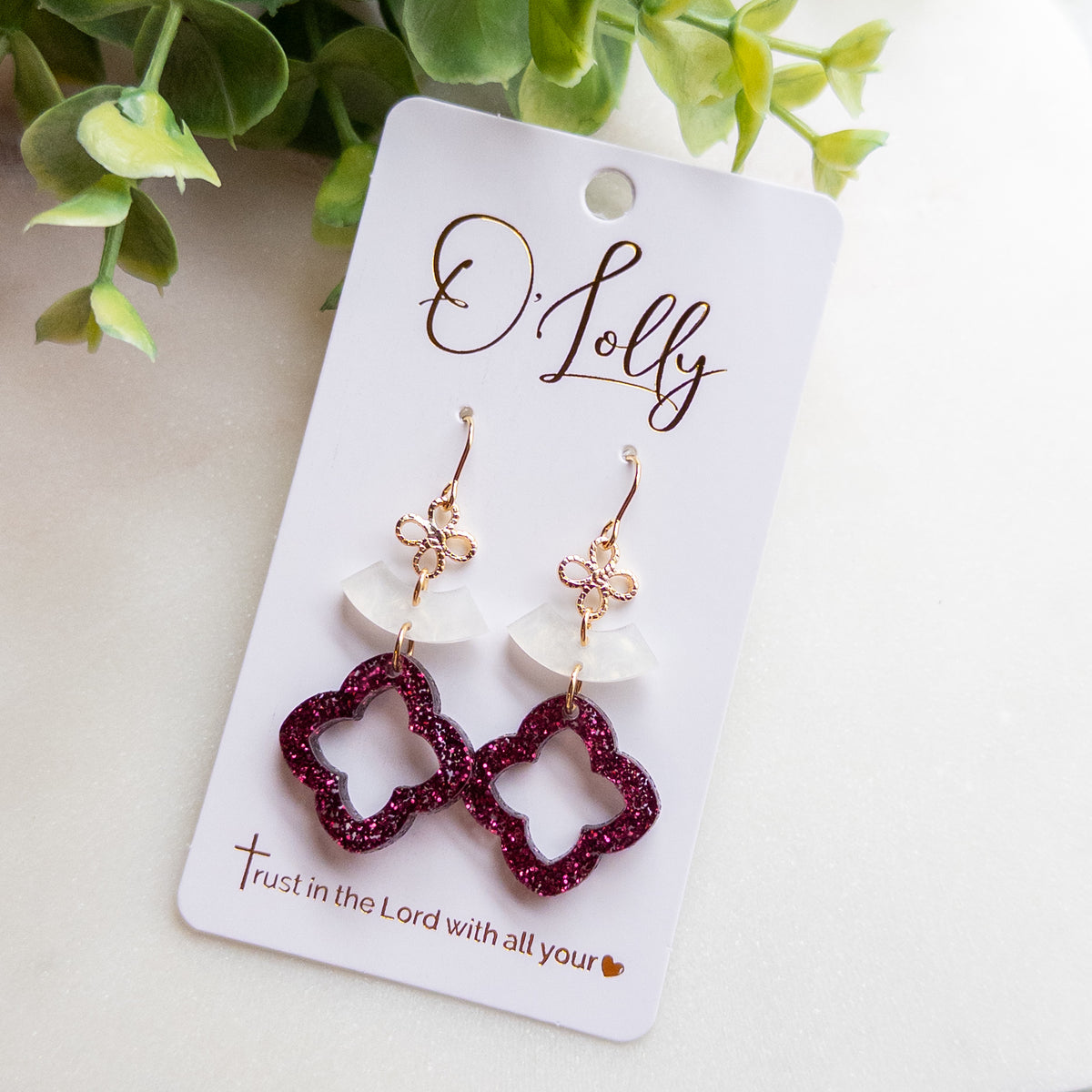 Maroon Glitter Clover Drop Earrings with Gold Accent “Fanna”