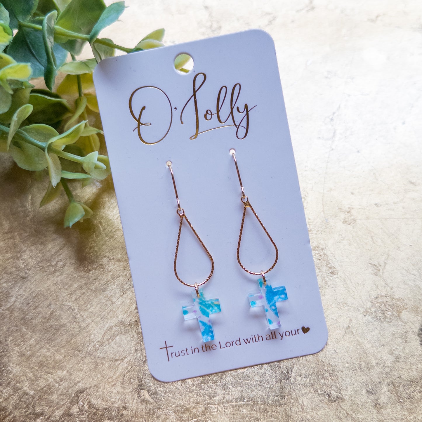 Gold Open Teardrop w/Easter Acrylic Cross Dangle Earrings