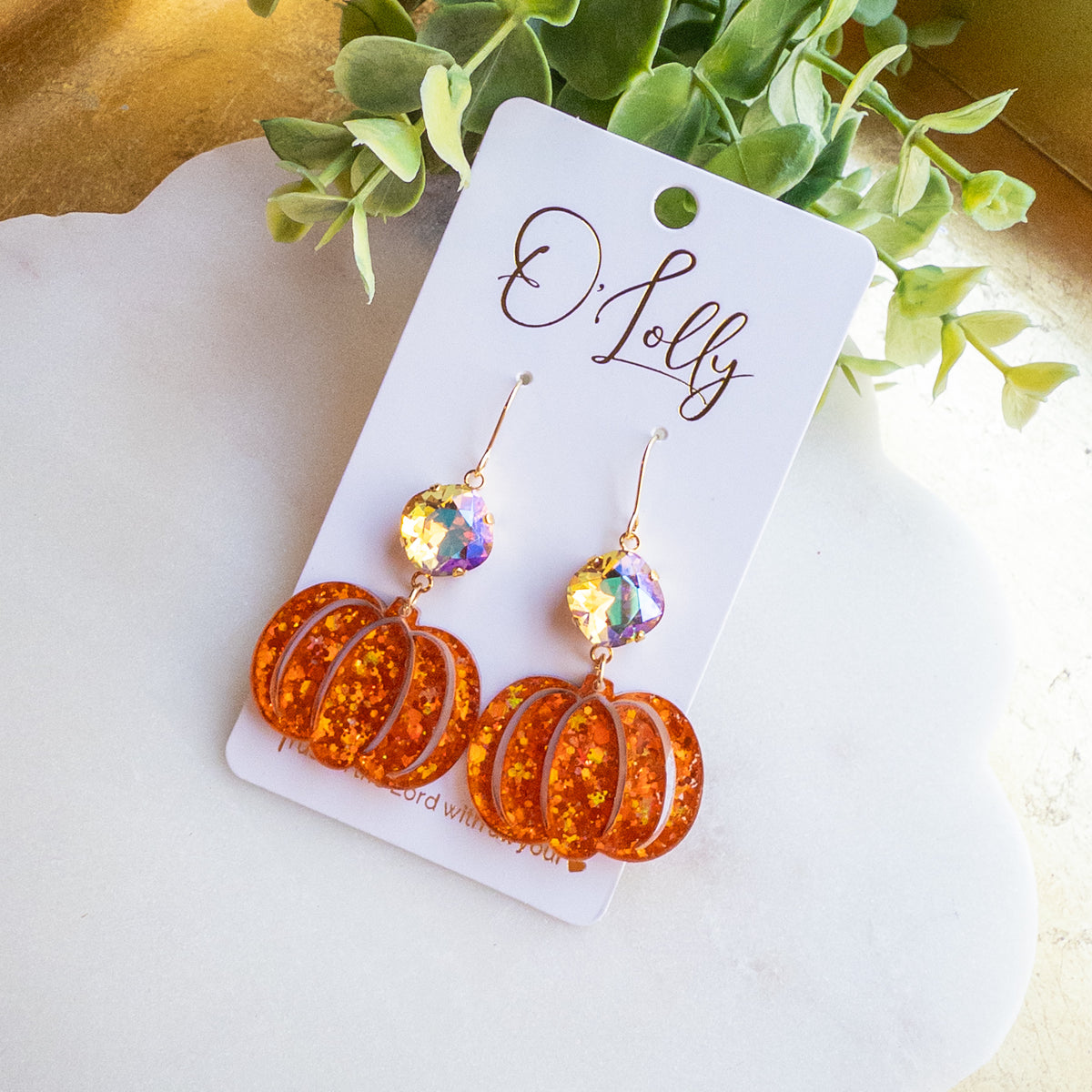 Orange Glitter Pumpkin Dangle Earrings – Sparkling Crystal Accents