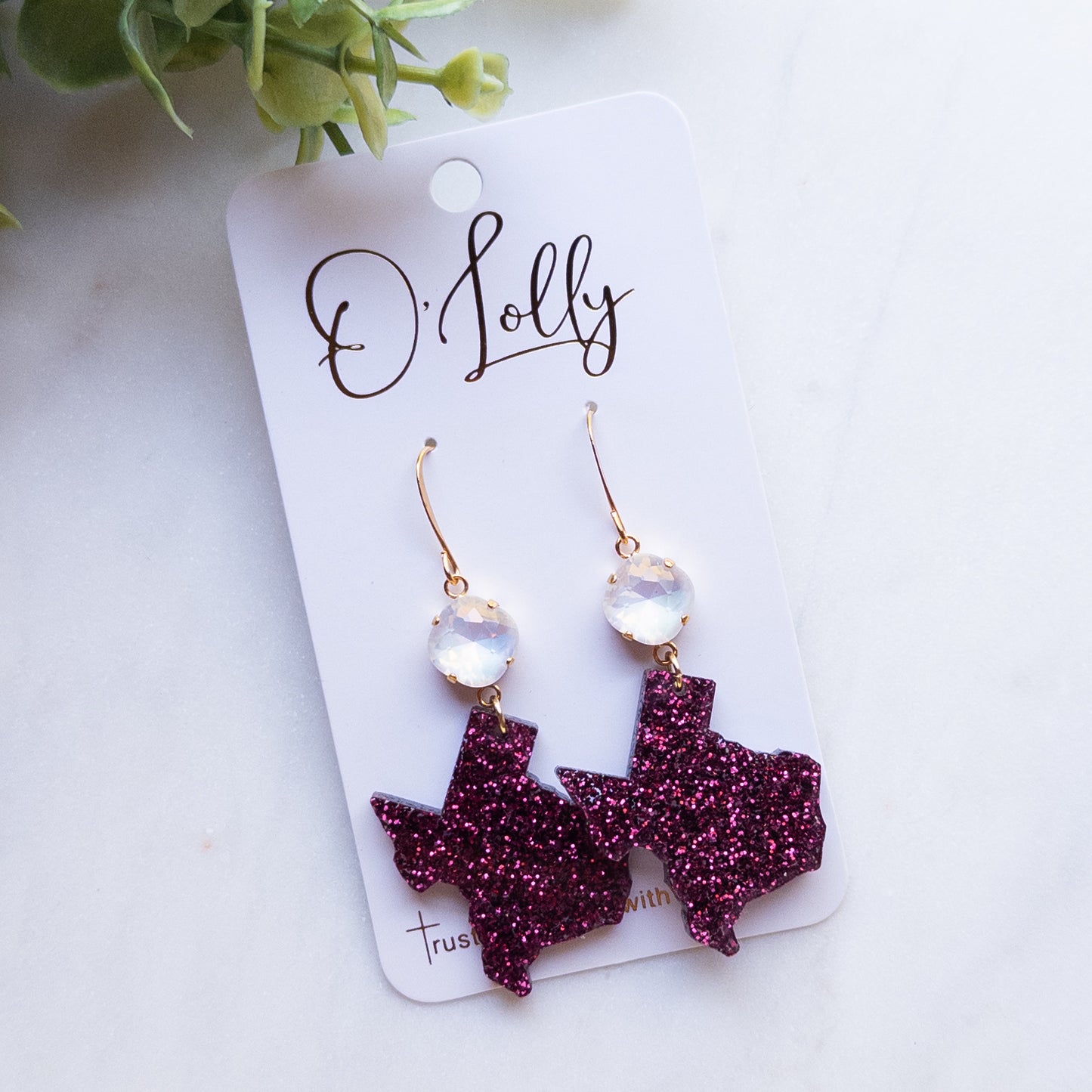 Maroon and White Glitter Acrylic Texas Earrings w/Stone