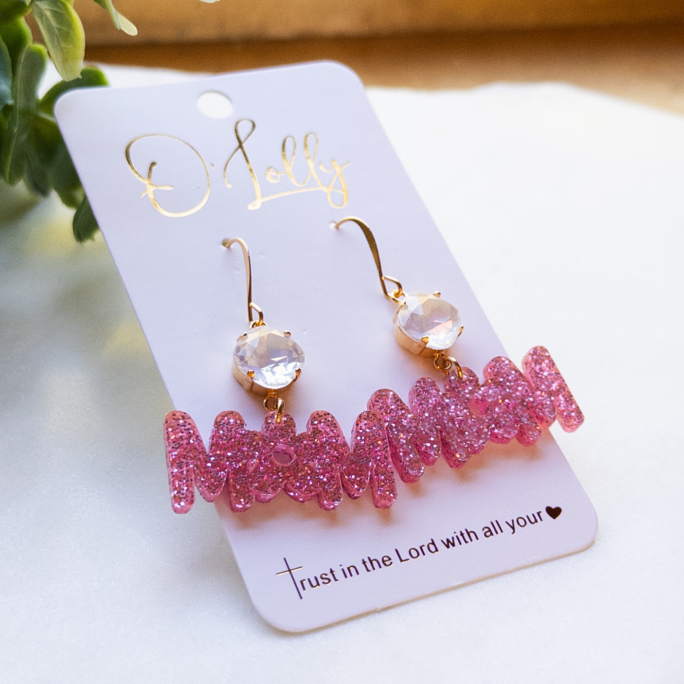 Pink Glitter Acrylic “MOM” Earrings w/White Stone