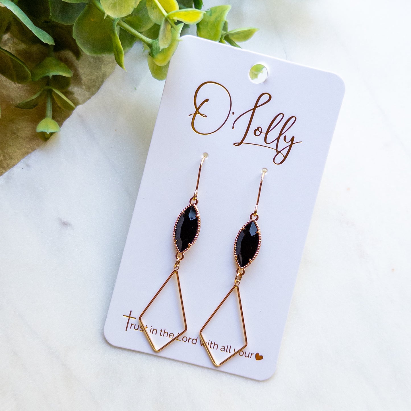 Black Crystal & Gold Open Diamond Earrings