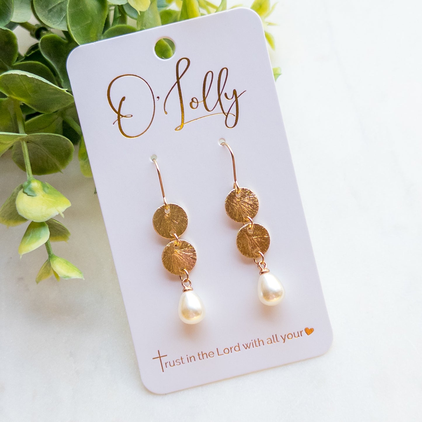 Gold Textured Discs w/Pearl Dangle Earrings “Kimberly”