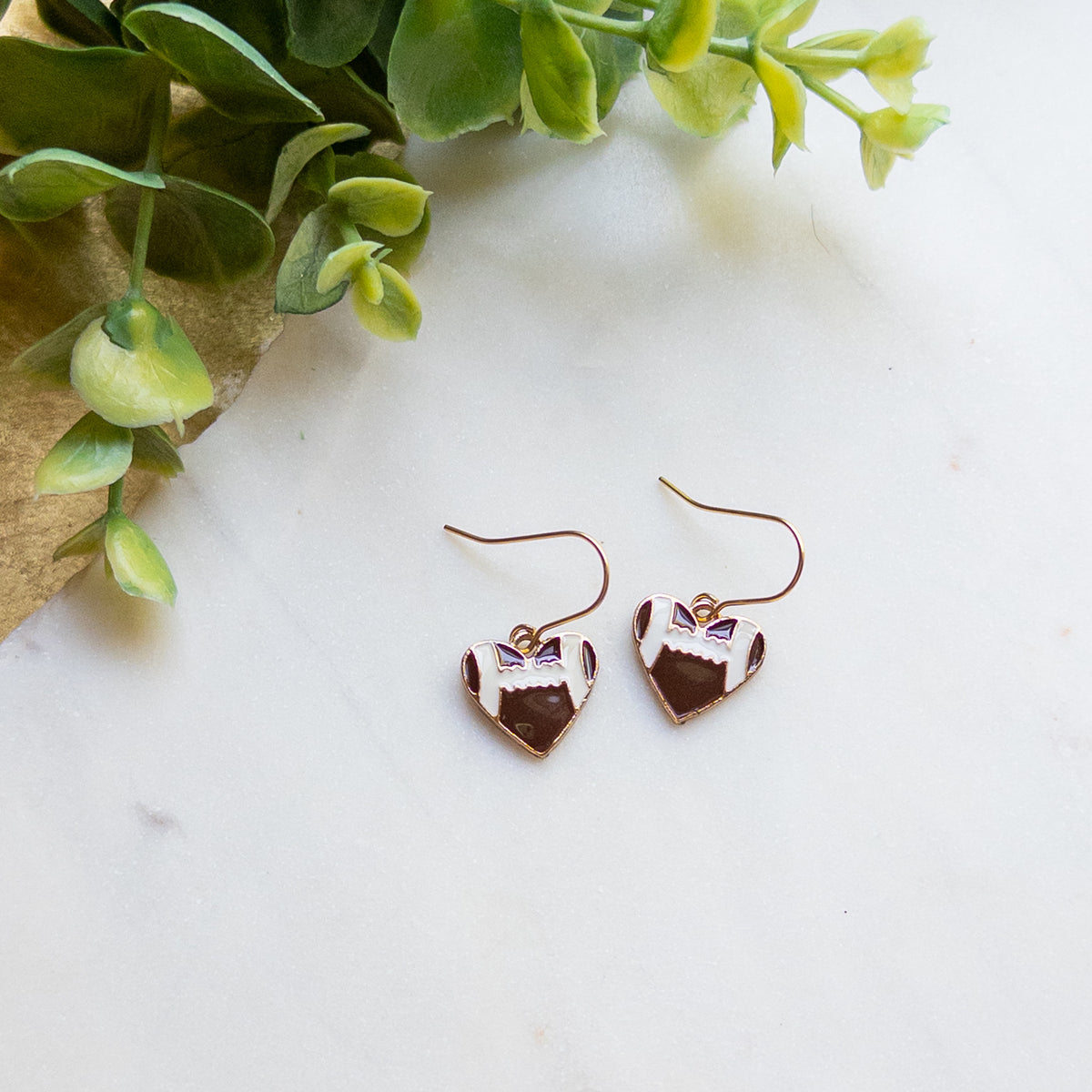 Football Heart Dangle Earrings – Gold Football Earrings – Game Day Jewelry