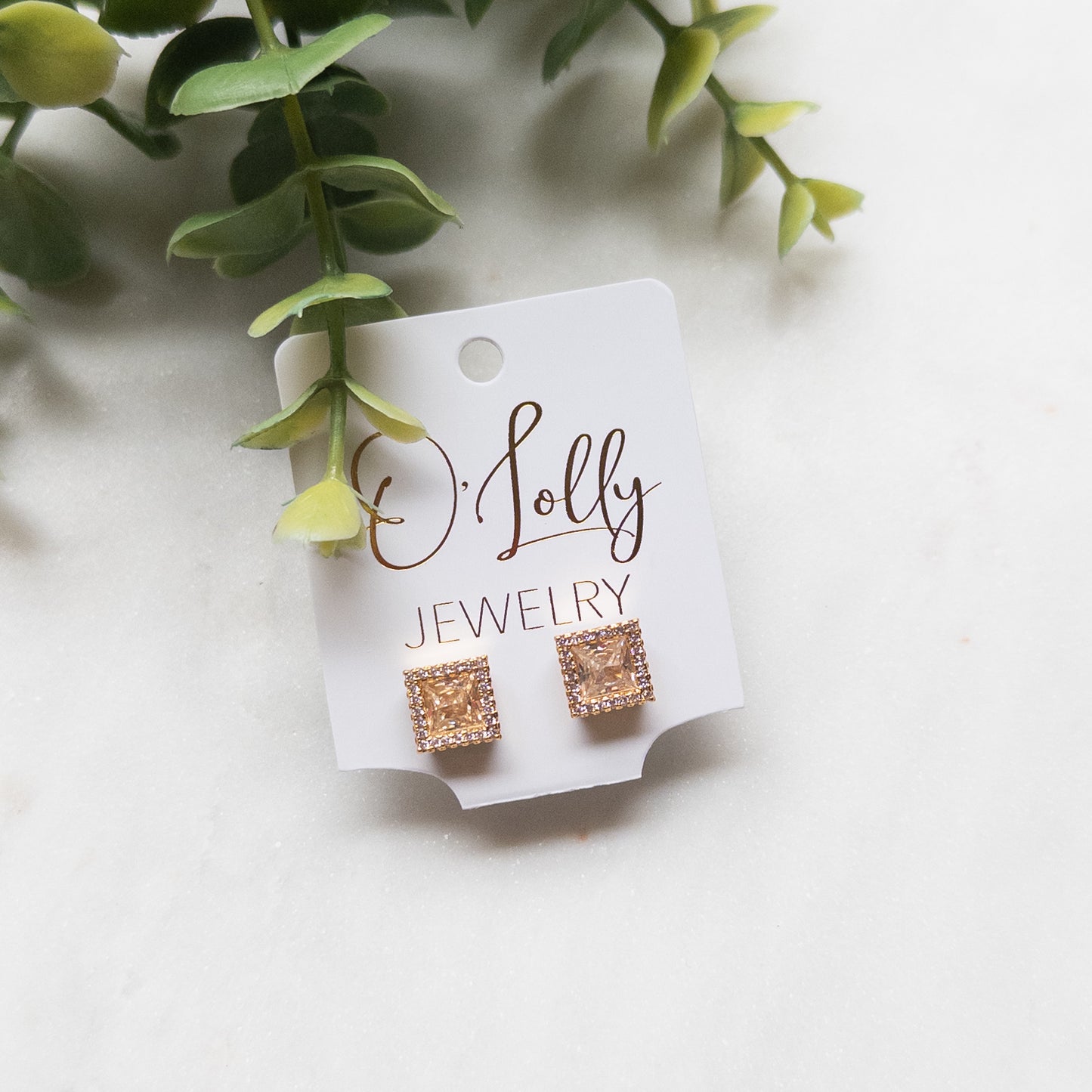 Square Cubic Zirconia 18k Gold Plated Stud Earrings