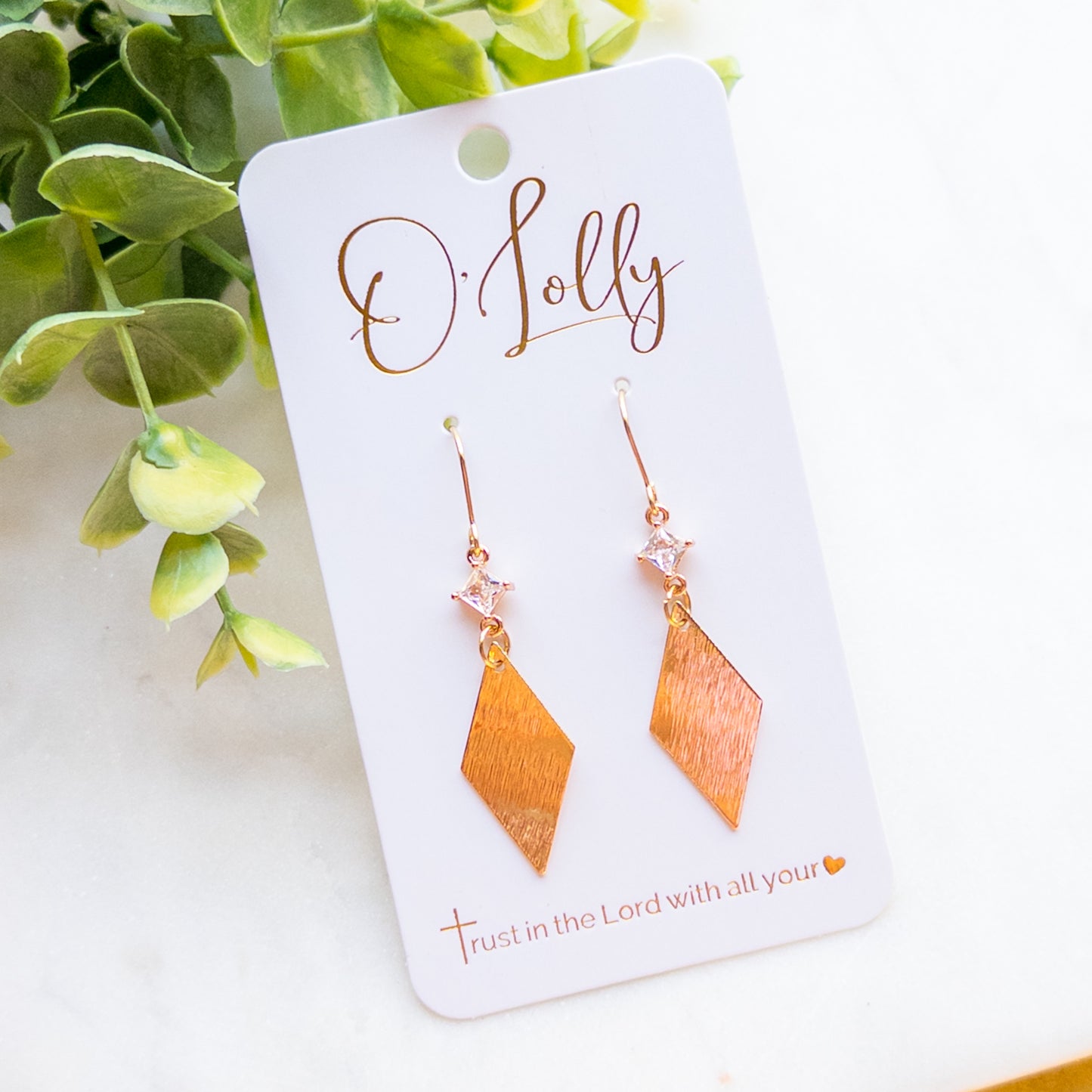 CZ Connector w/Gold Textured Rhombus Dangle Earrings “Misty”