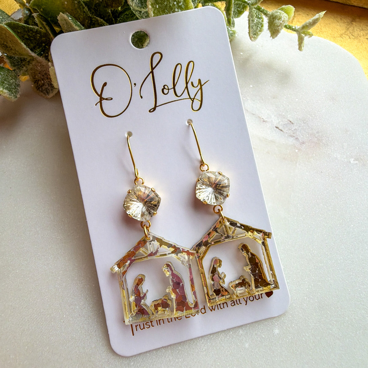 Golden Nativity Scene Dangle Earrings