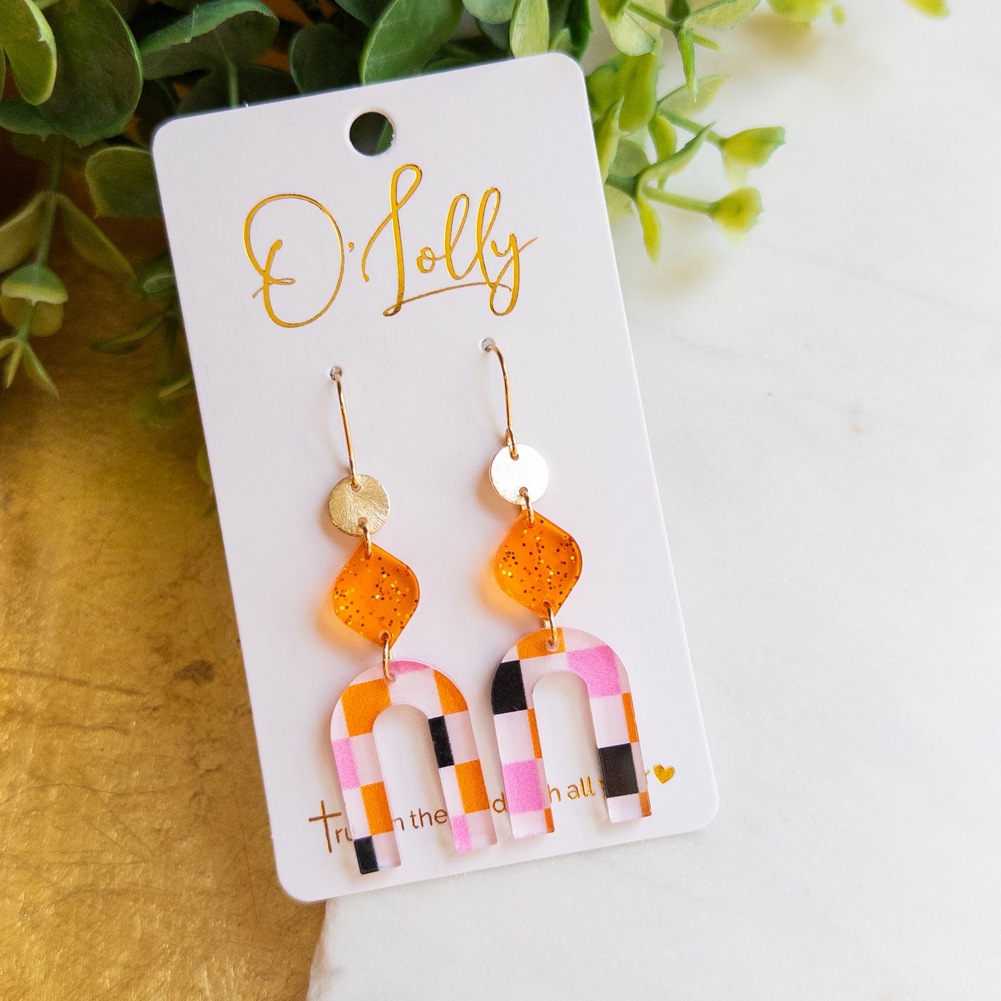 Gold, Orange & Pink Plaid Arch Earrings “Marlowe”